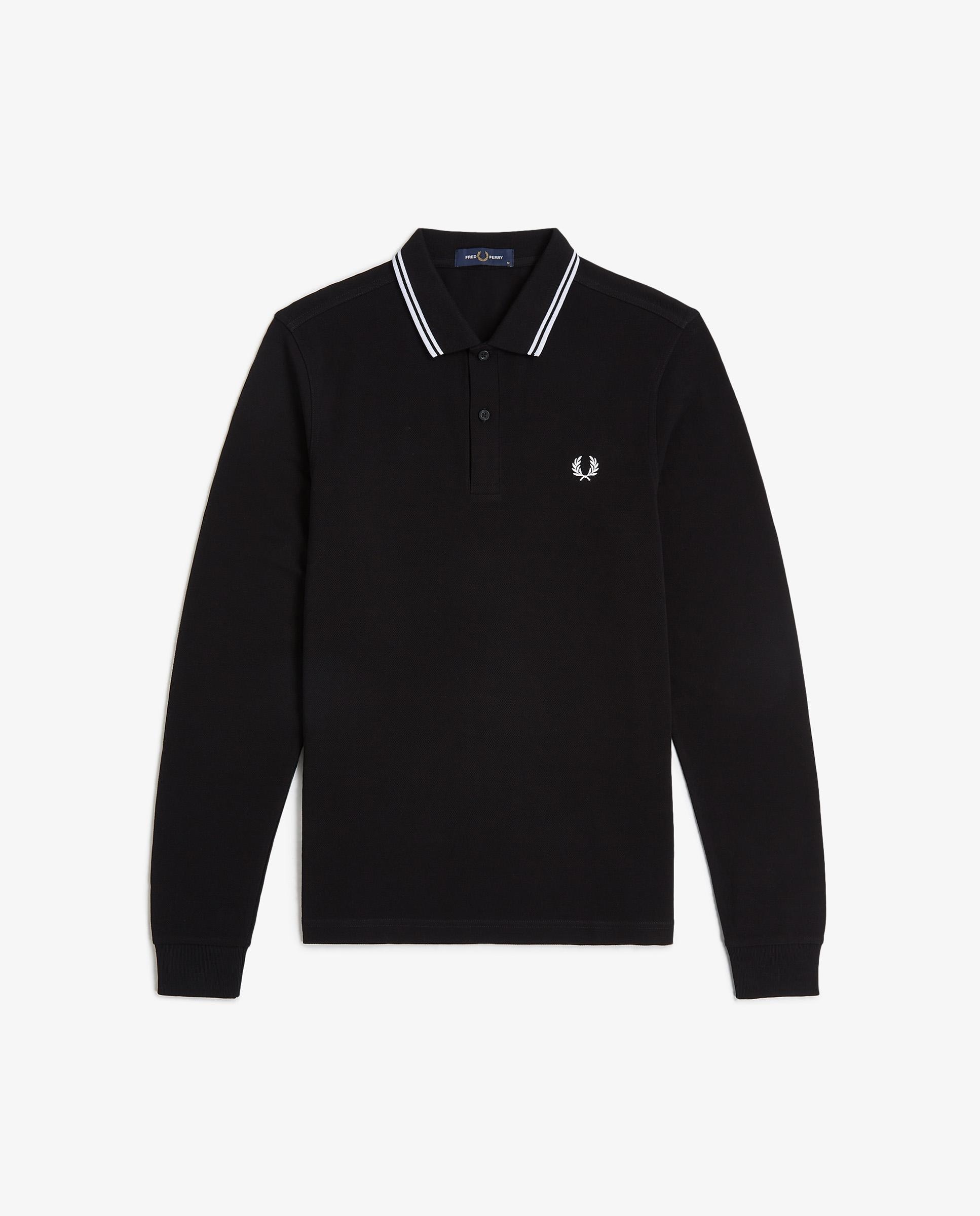 Polo de hombre de piqué de algodón manga larga - Fred Perry - Negro / Blanco Negro / Blanco-5