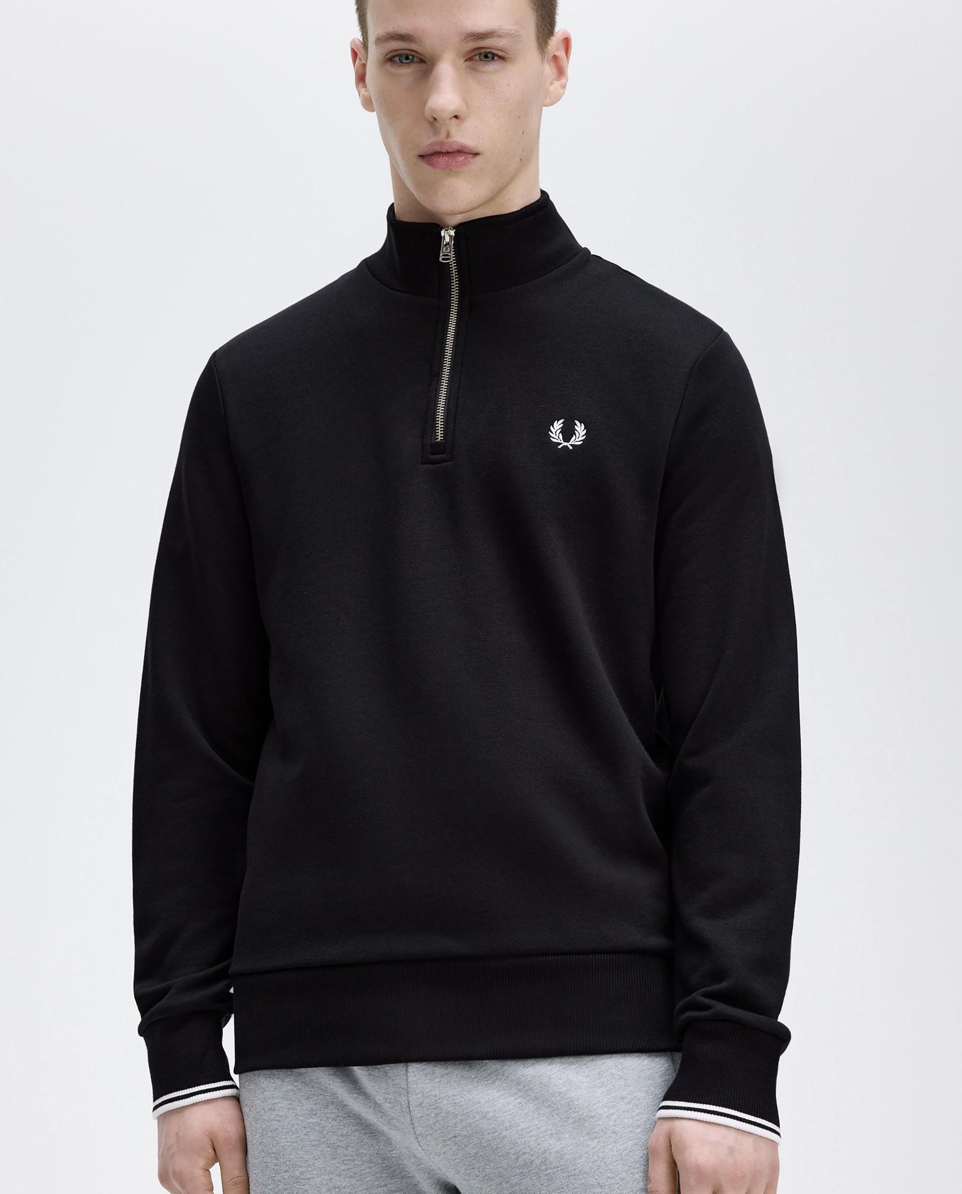 Sudadera de hombre con media cremallera y ribetes - Fred Perry - Negro / Blanco Negro / Blanco-3