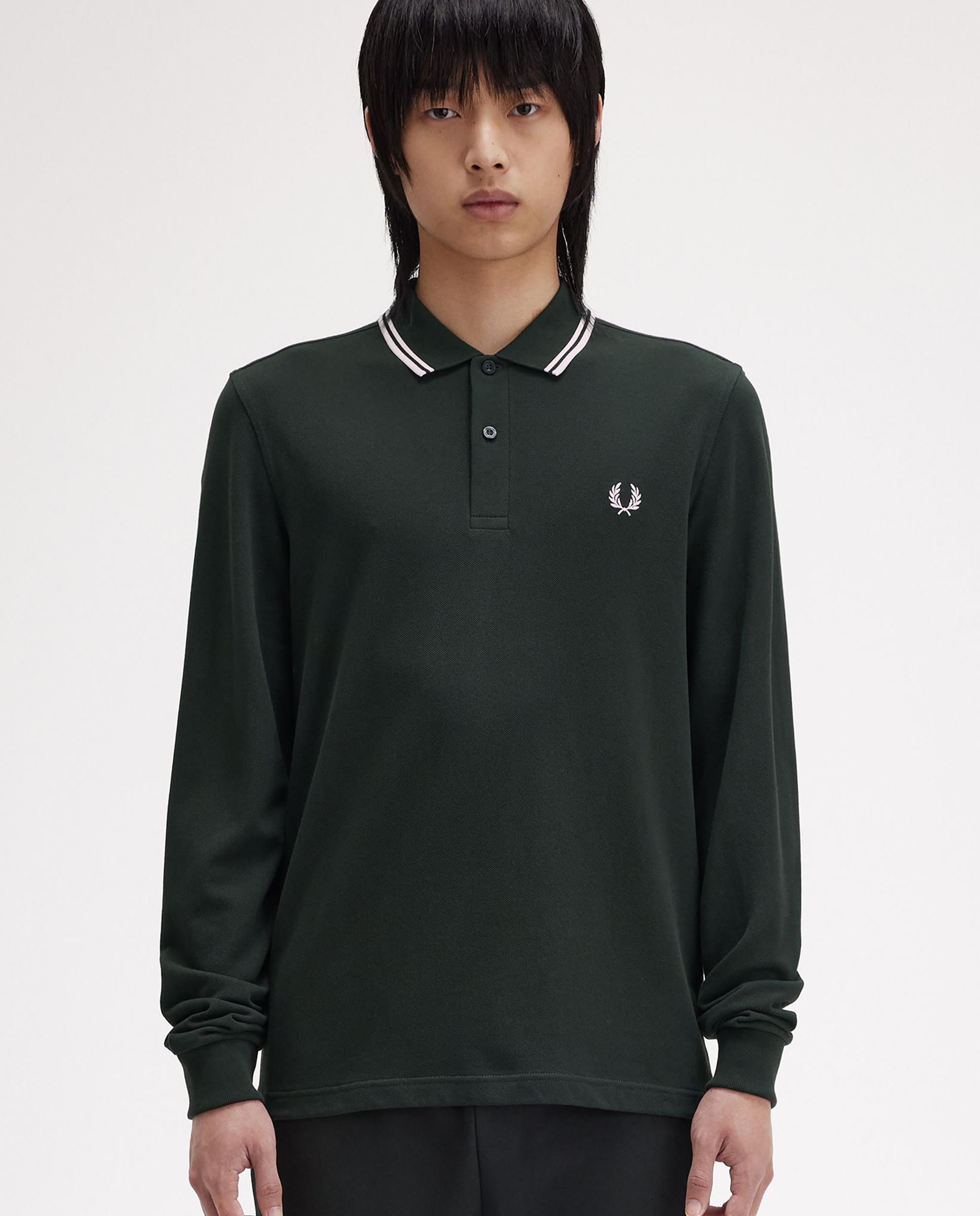 Polo de hombre de piqué de algodón manga larga - Fred Perry - Verde oscuro Verde oscuro-1