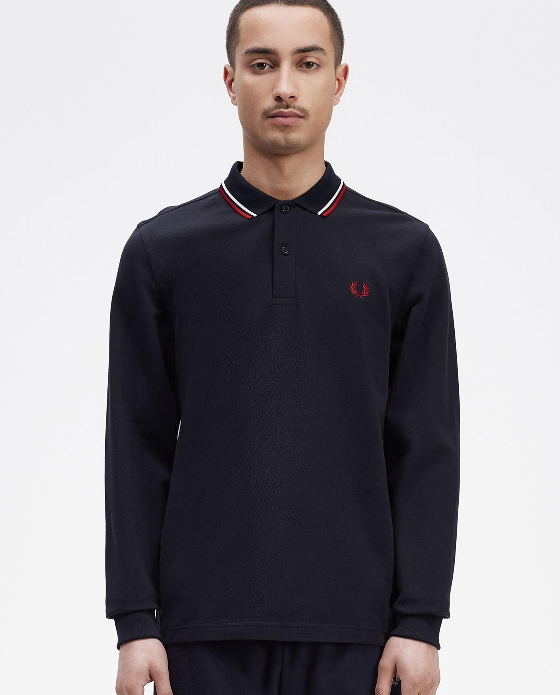 Polo de hombre de piqué de algodón manga larga - Fred Perry - Azul oscuro Azul oscuro-1