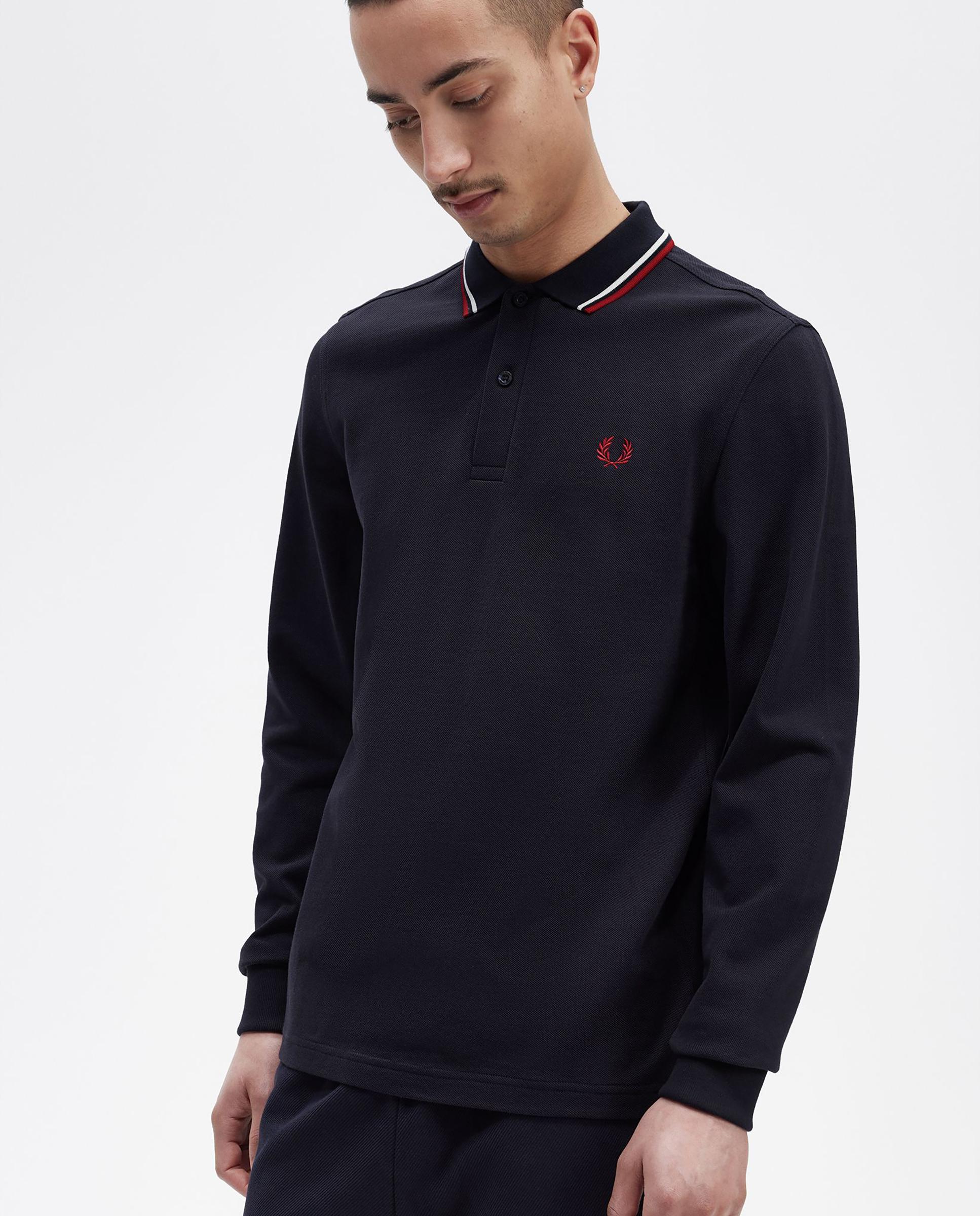Polo de hombre de piqué de algodón manga larga - Fred Perry - Azul oscuro Azul oscuro-3