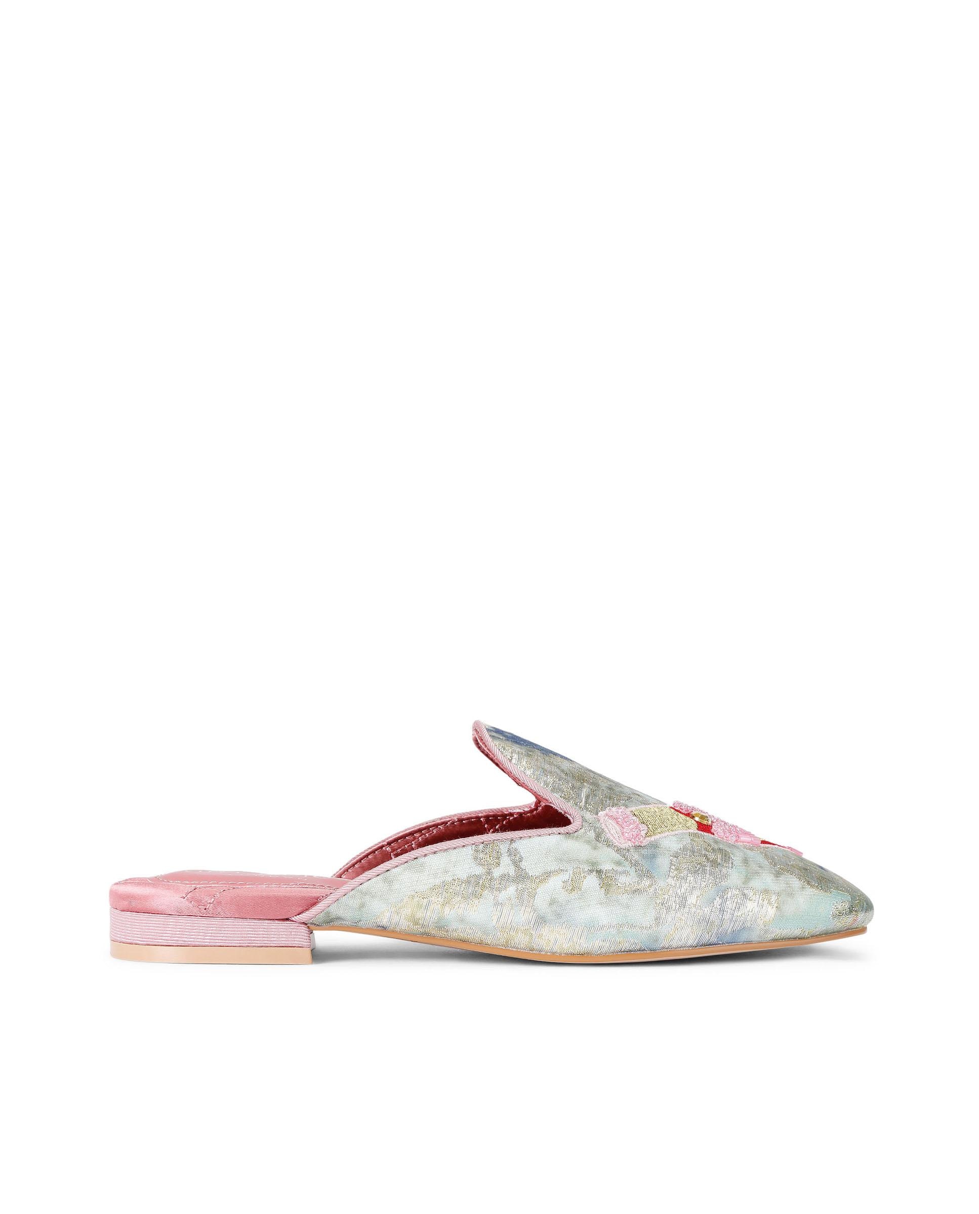 Zapatillas de casa de mujer de tejido iridiscente con bordado
