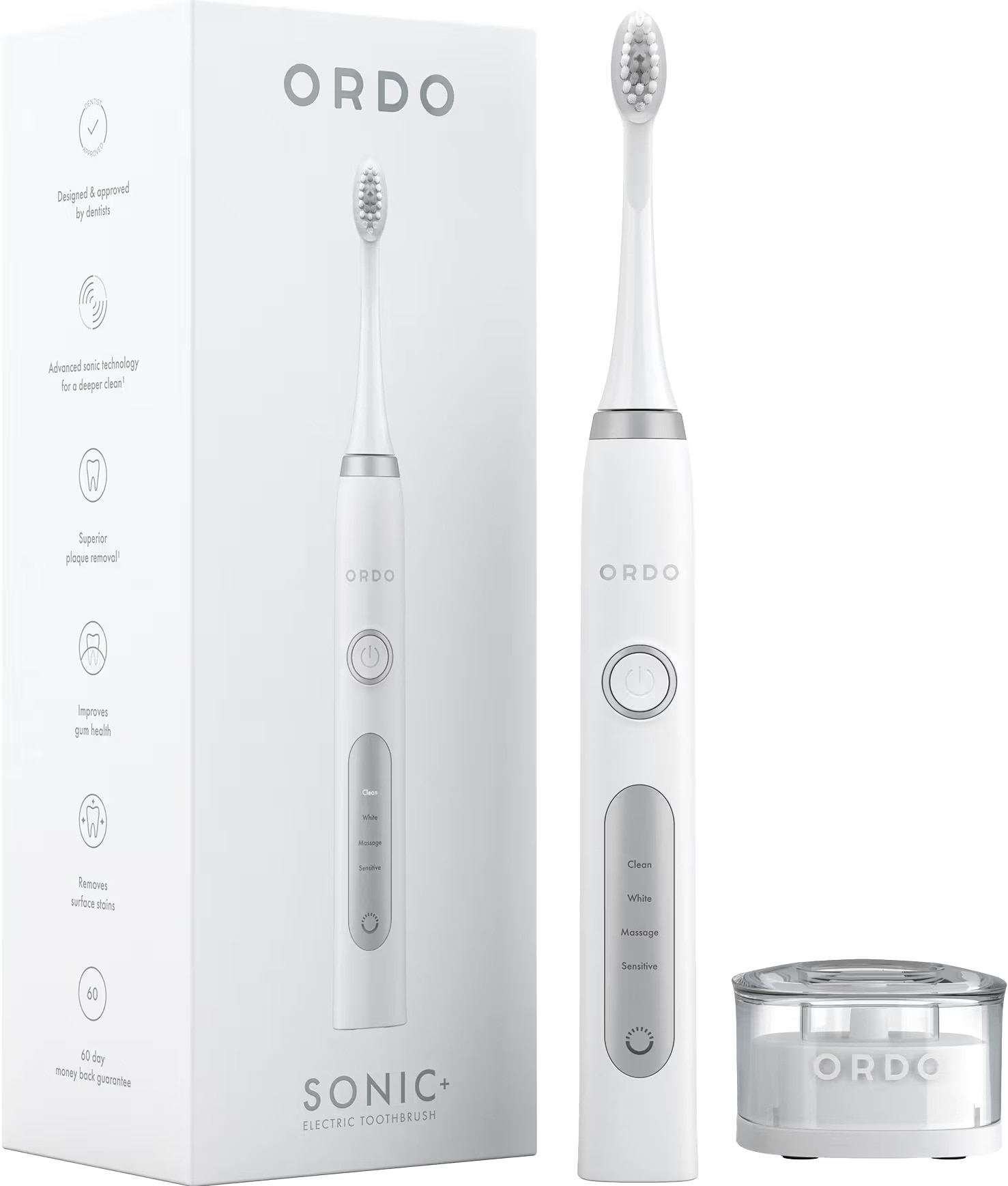 Ordo - Cepillo de dientes eléctrico Ordo Sonic blanco con 4 modos de cepillado y batería recargable rápida.