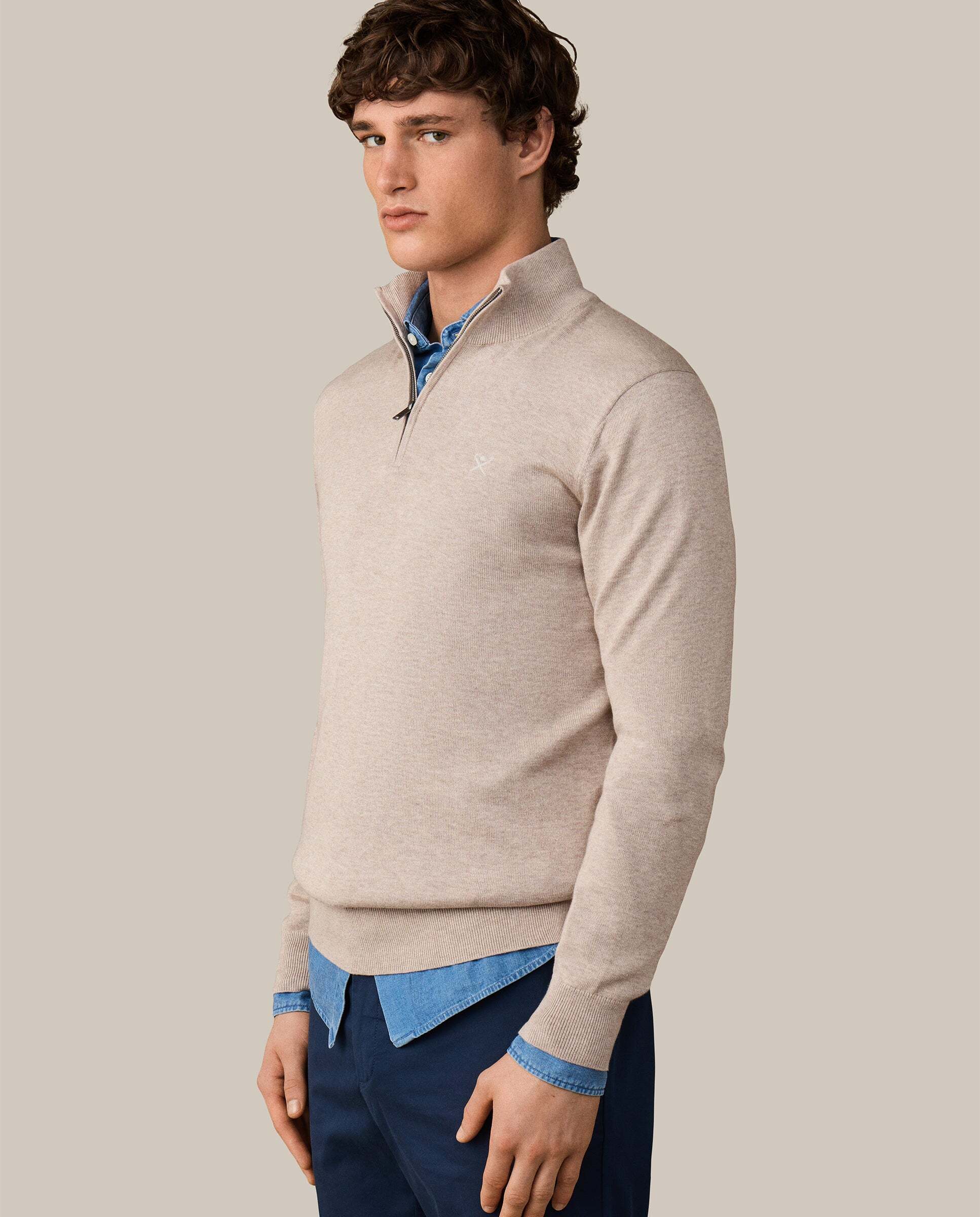 Jersey de hombre cuarto de cremallera algodón - Hackett - Beige Beige-6