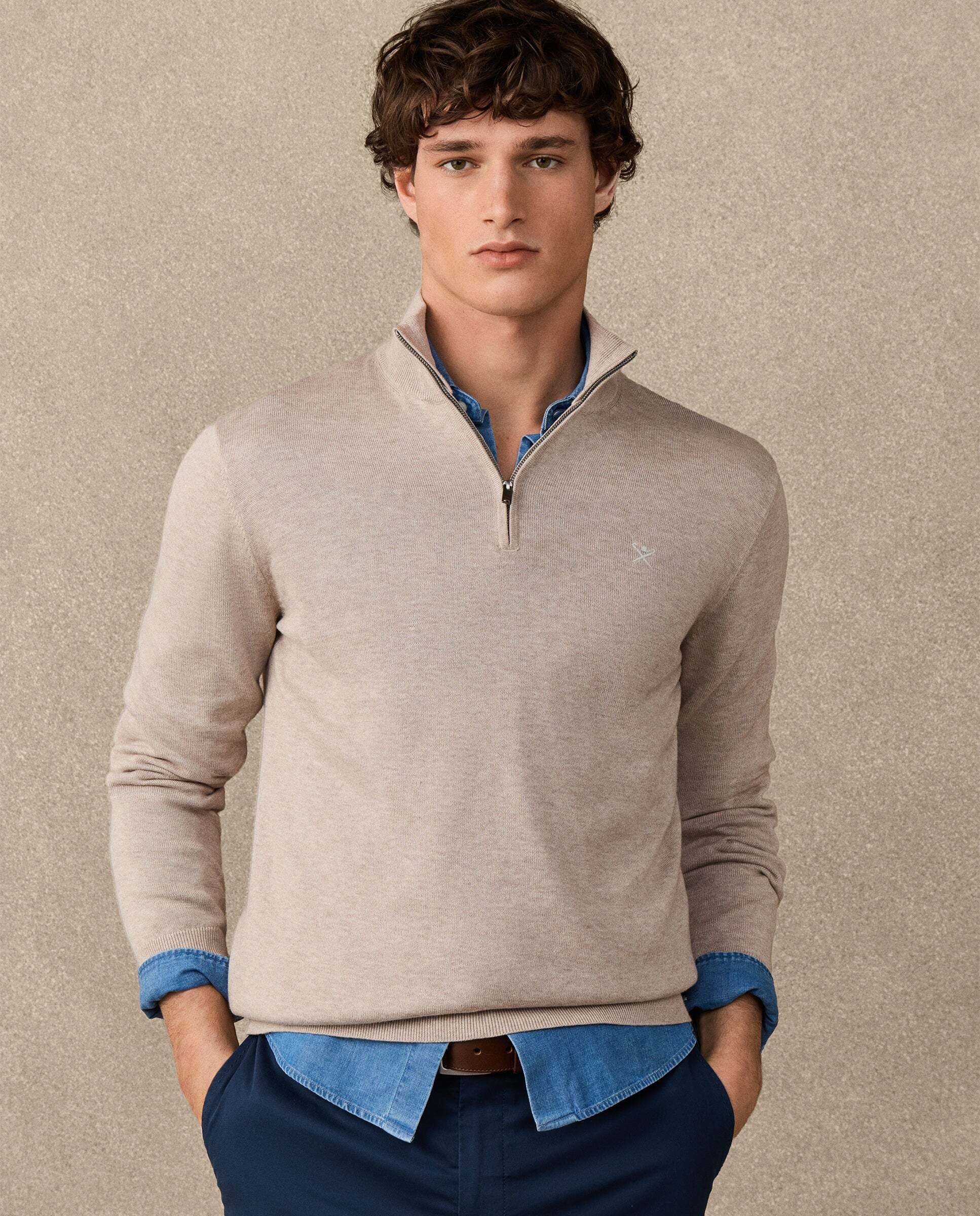 Jersey de hombre cuarto de cremallera algodón - Hackett - Beige Beige-7