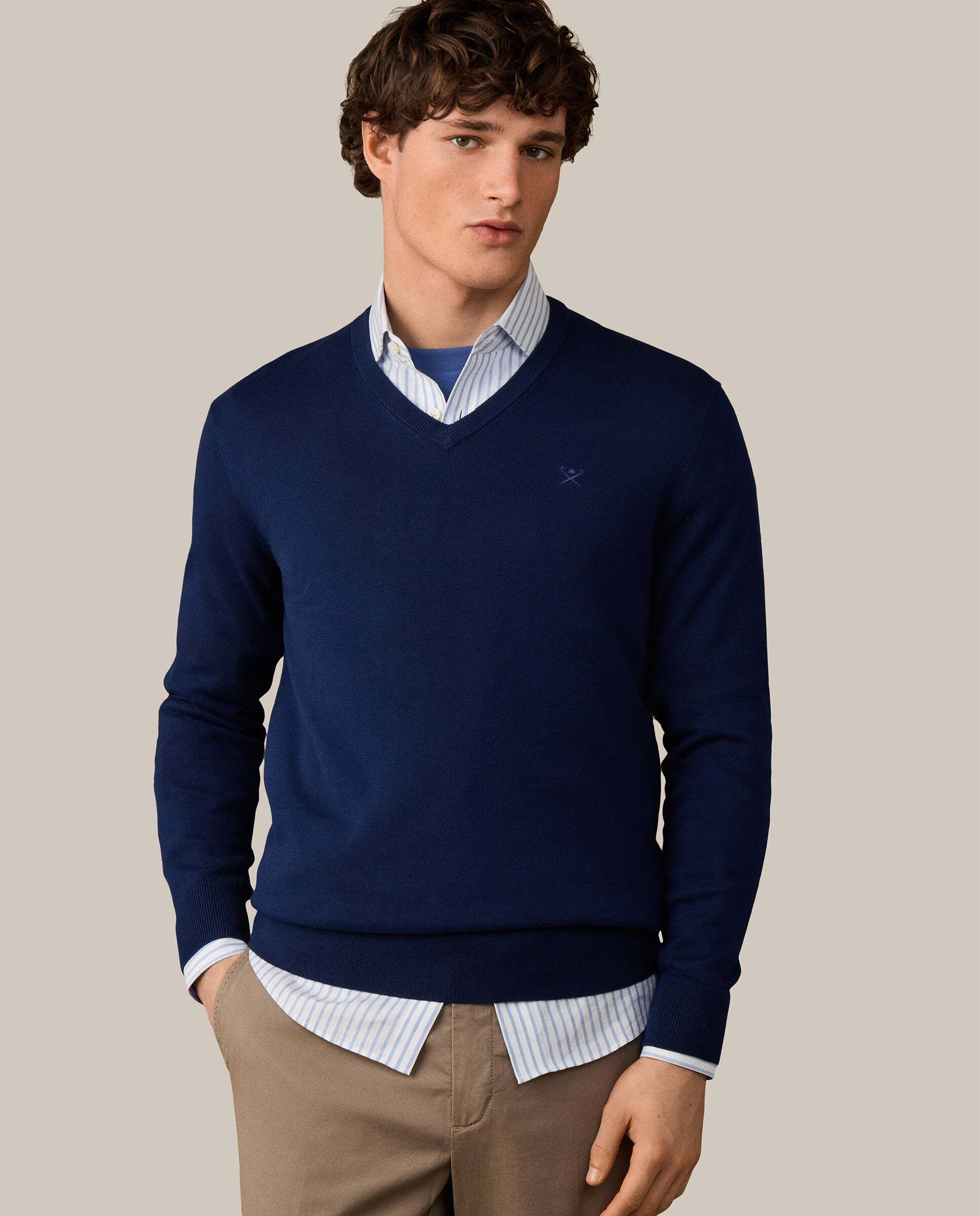 Jersey de hombre de algodón cuello pico - Hackett - Azul Azul-1