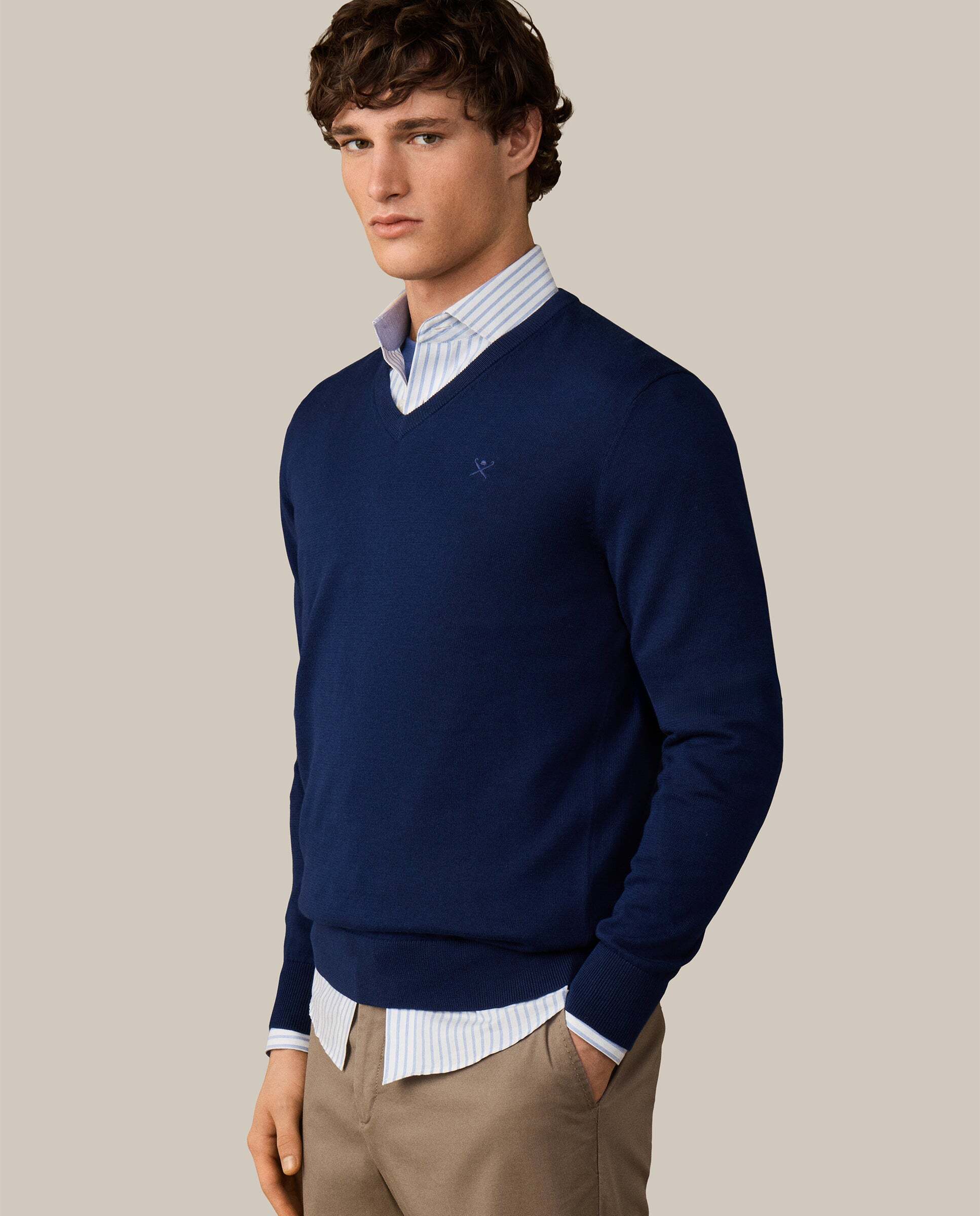 Jersey de hombre de algodón cuello pico - Hackett - Azul Azul-6
