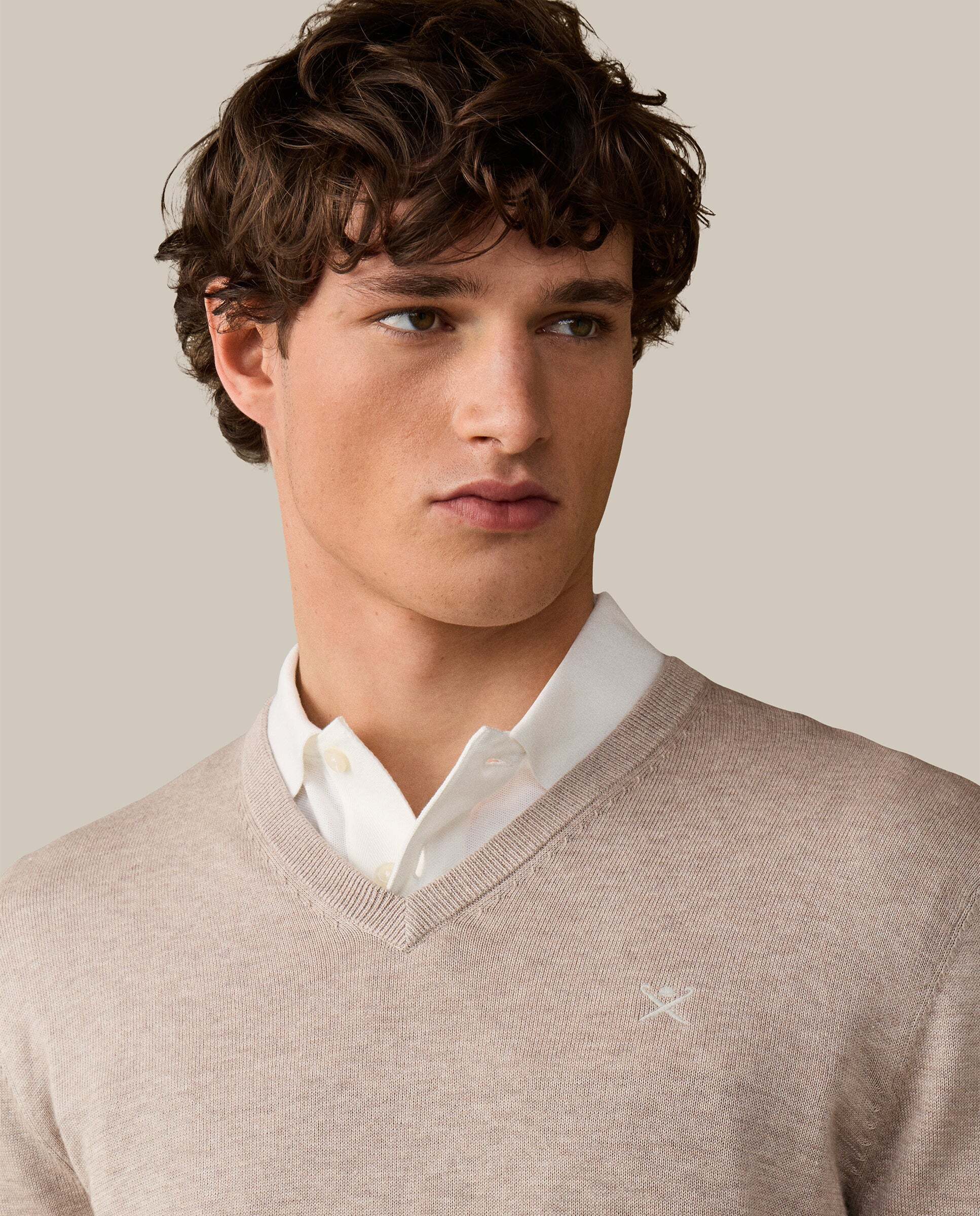 Jersey de hombre de algodón cuello pico - Hackett - Crema Natural-4