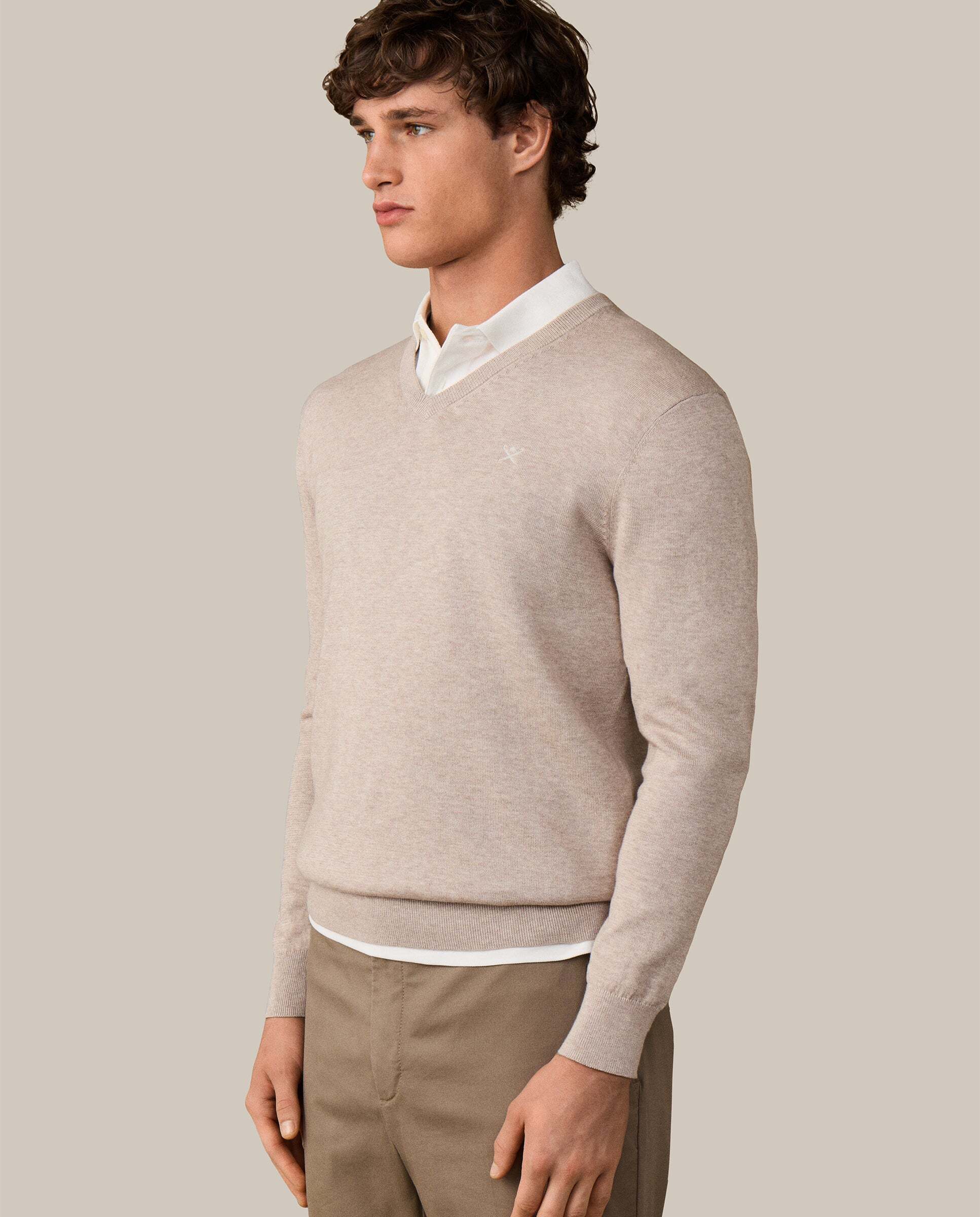 Jersey de hombre de algodón cuello pico - Hackett - Crema Natural-6