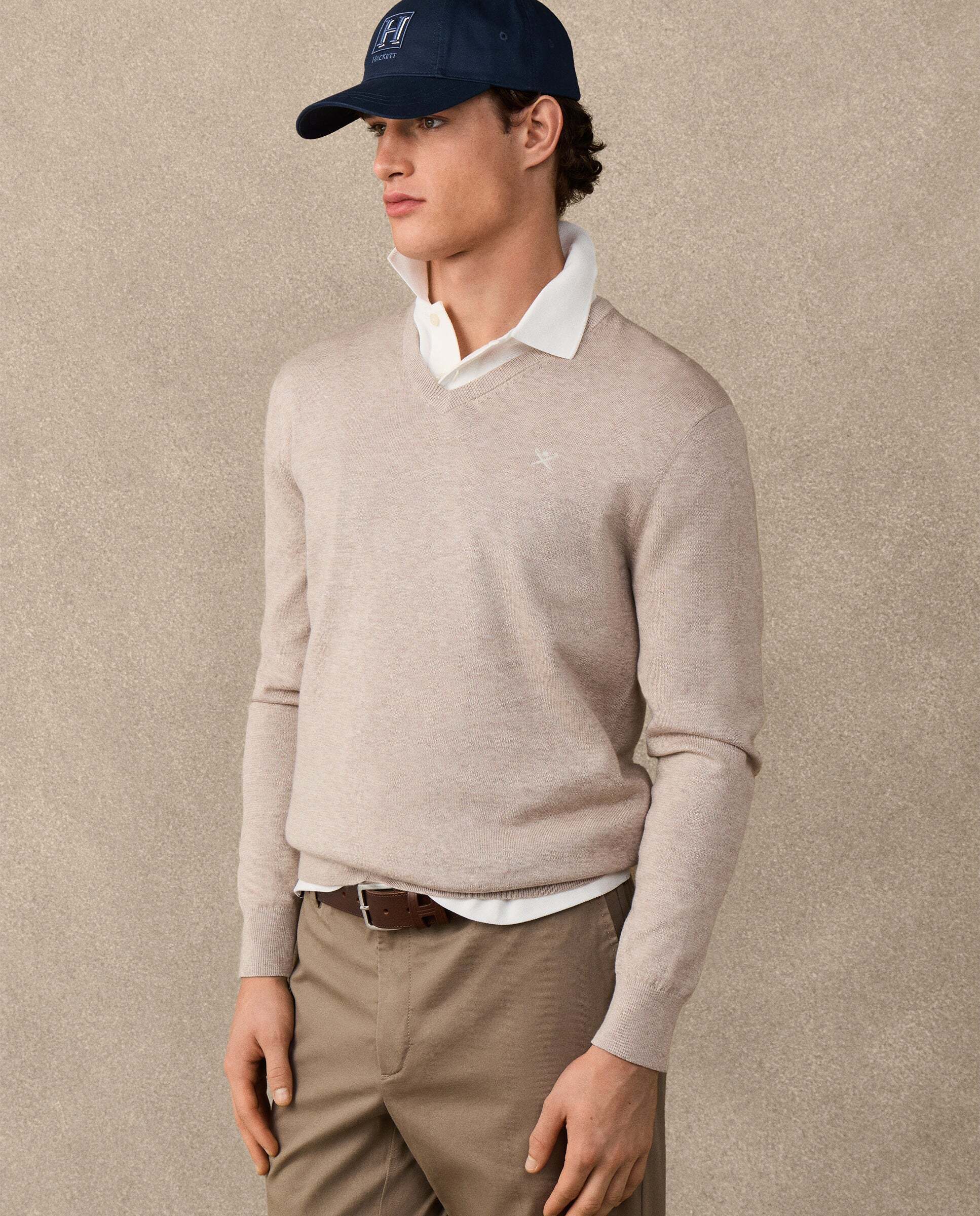 Jersey de hombre de algodón cuello pico - Hackett - Crema Natural-7