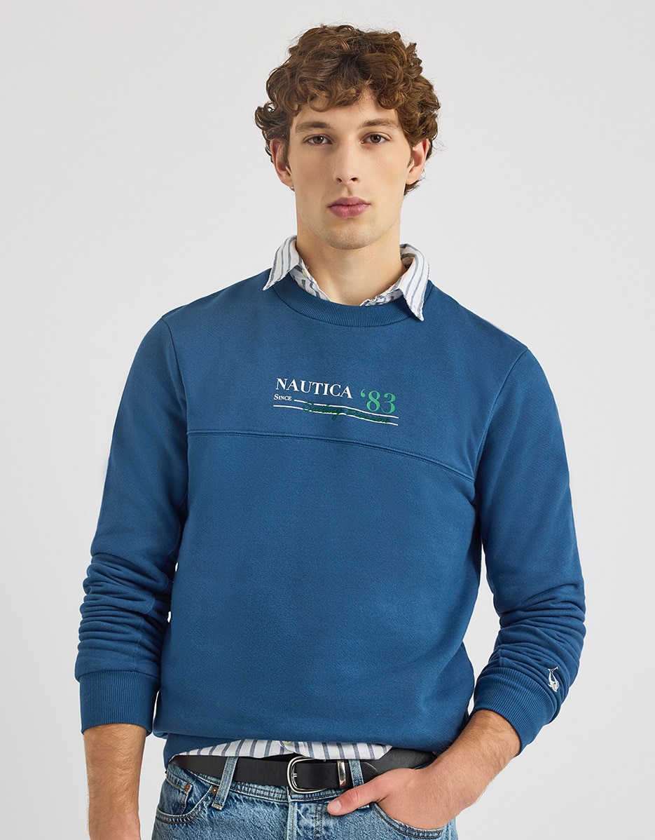 Imagen 0 de Sudadera de hombre de cuello redondo con dibujo frontal Azul