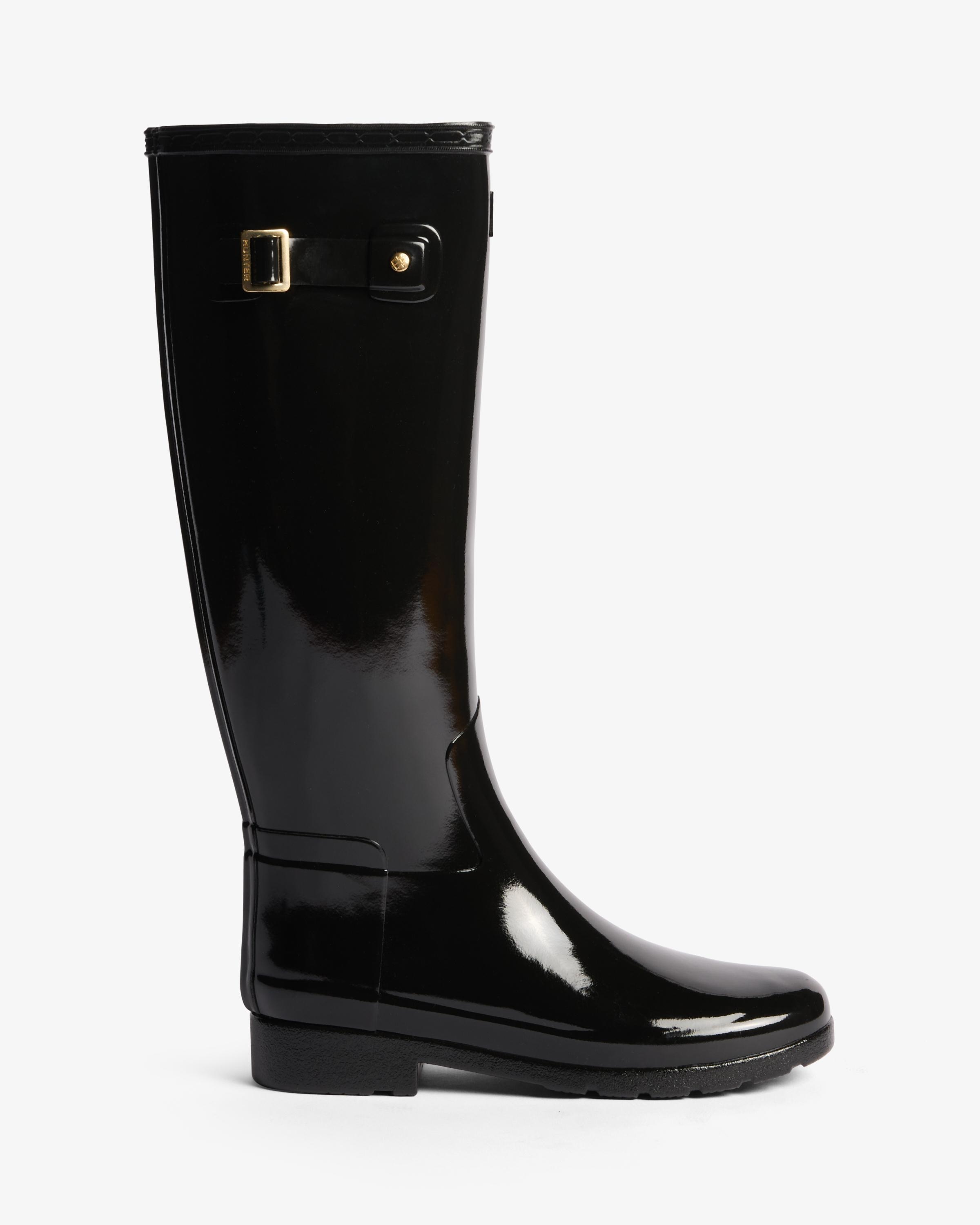 Hunter - Botas de agua de mujer refined gold trim tall gloss lisas con brillo.