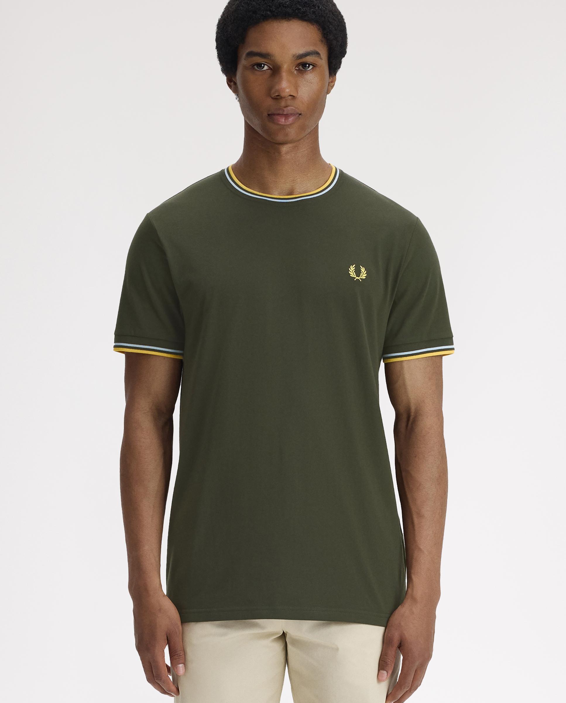 Imagen 1 de Camiseta de manga corta de hombre con ribete con dos franjas - Fred Perry - Verde militar Verde militar