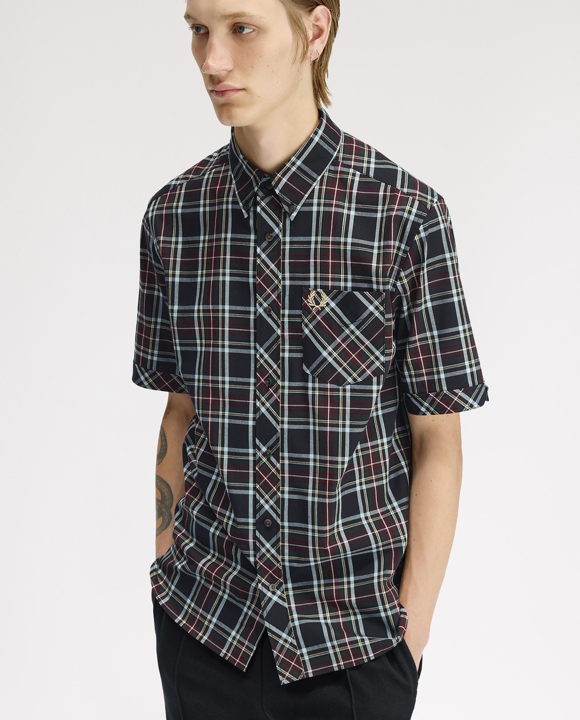 Imagen 4 de Camisa Oxford de hombre clásica de manga corta con cuadros escoceses - Fred Perry - Negro Negro