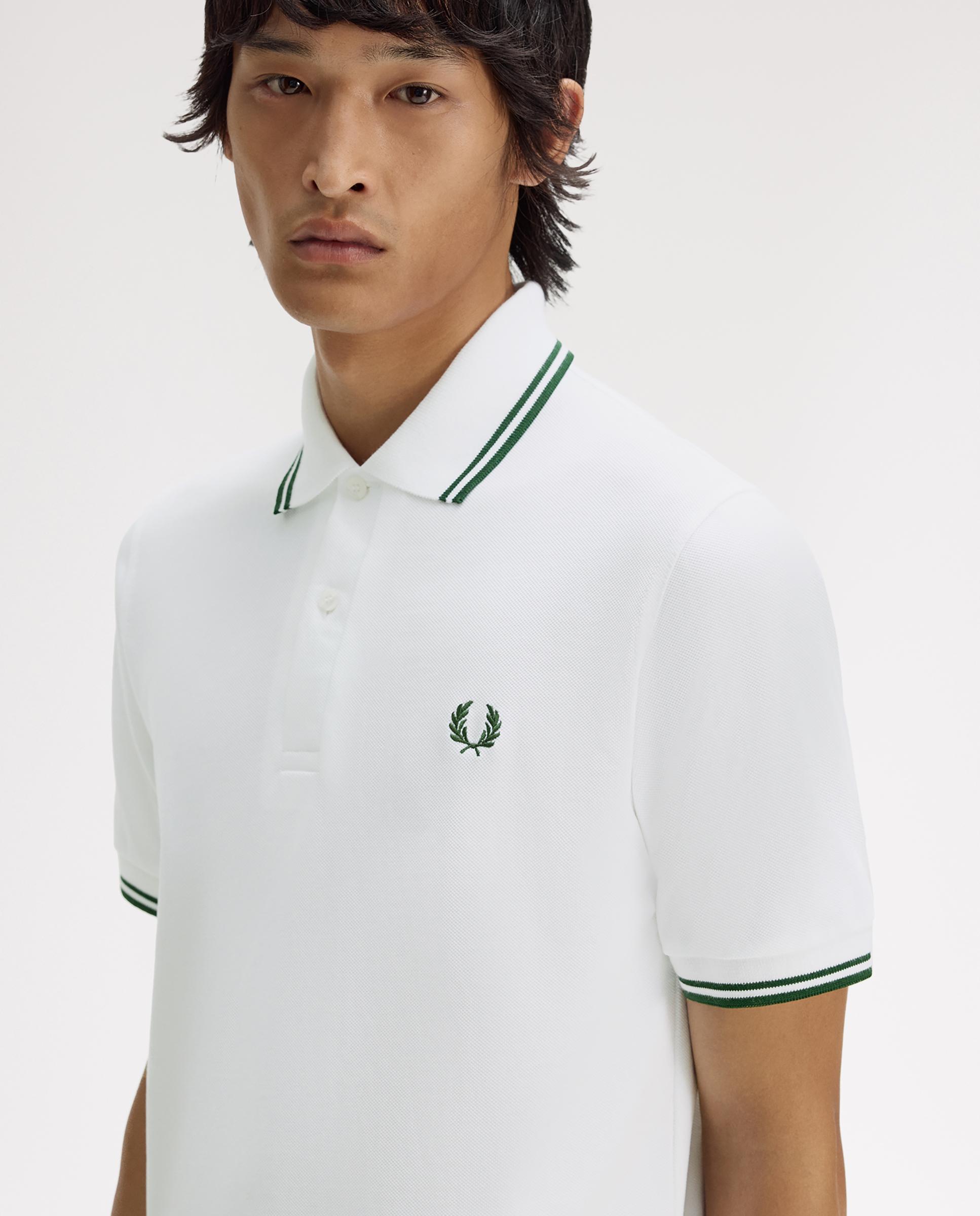 Polo de hombre manga corta en punto piqué hecho en Inglaterra - Fred Perry - Blanco / Verde Blanco / Verde-3
