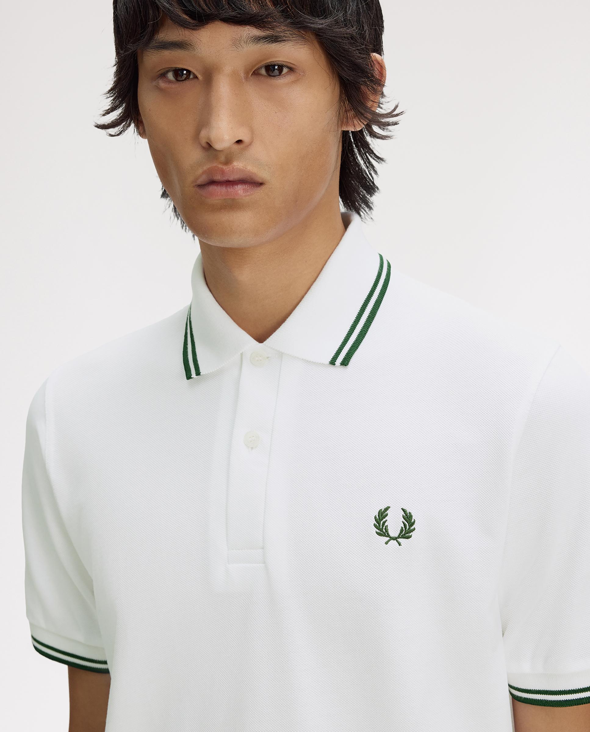 Polo de hombre manga corta en punto piqué hecho en Inglaterra - Fred Perry - Blanco / Verde Blanco / Verde-4