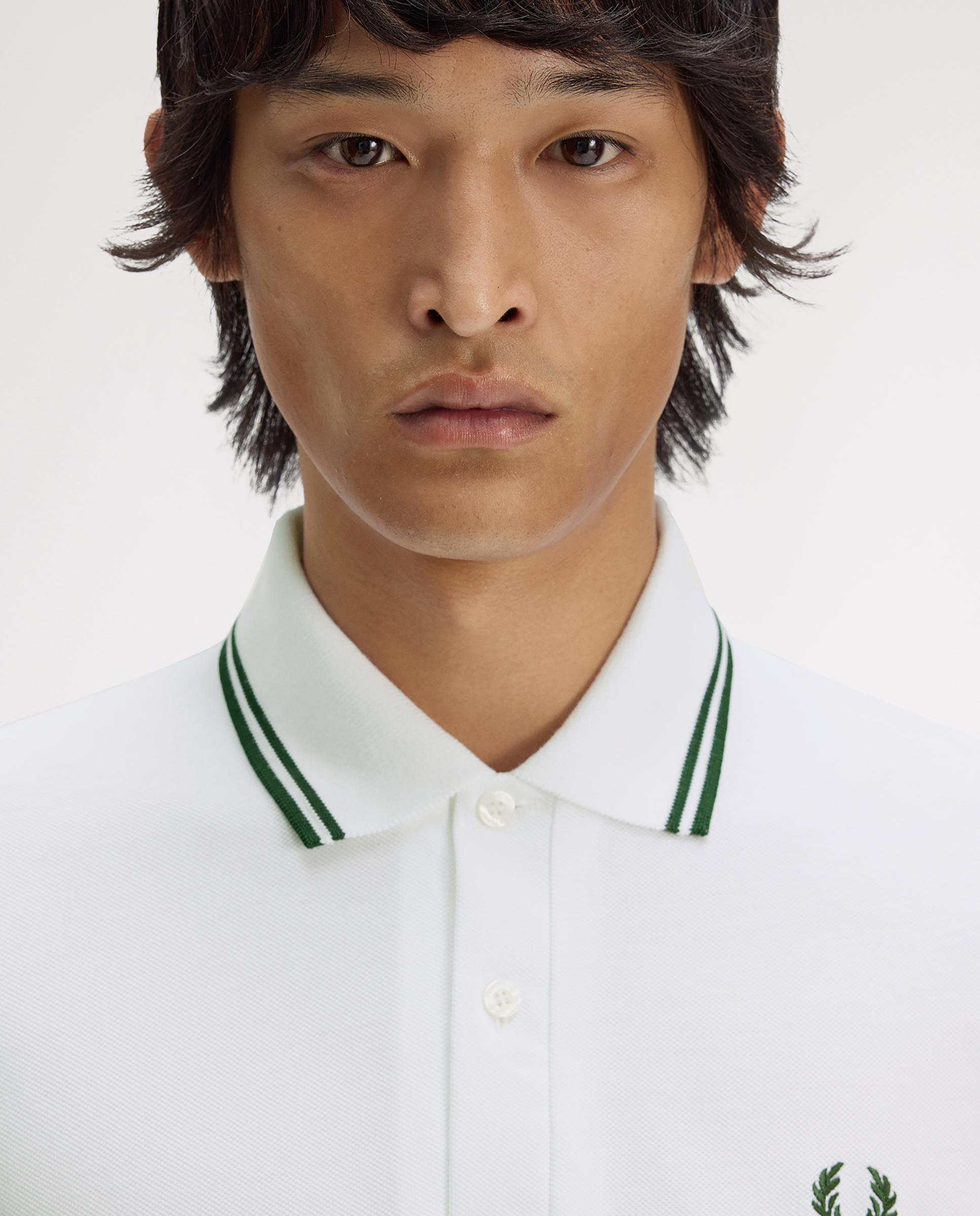 Polo de hombre manga corta en punto piqué hecho en Inglaterra - Fred Perry - Blanco / Verde Blanco / Verde-5