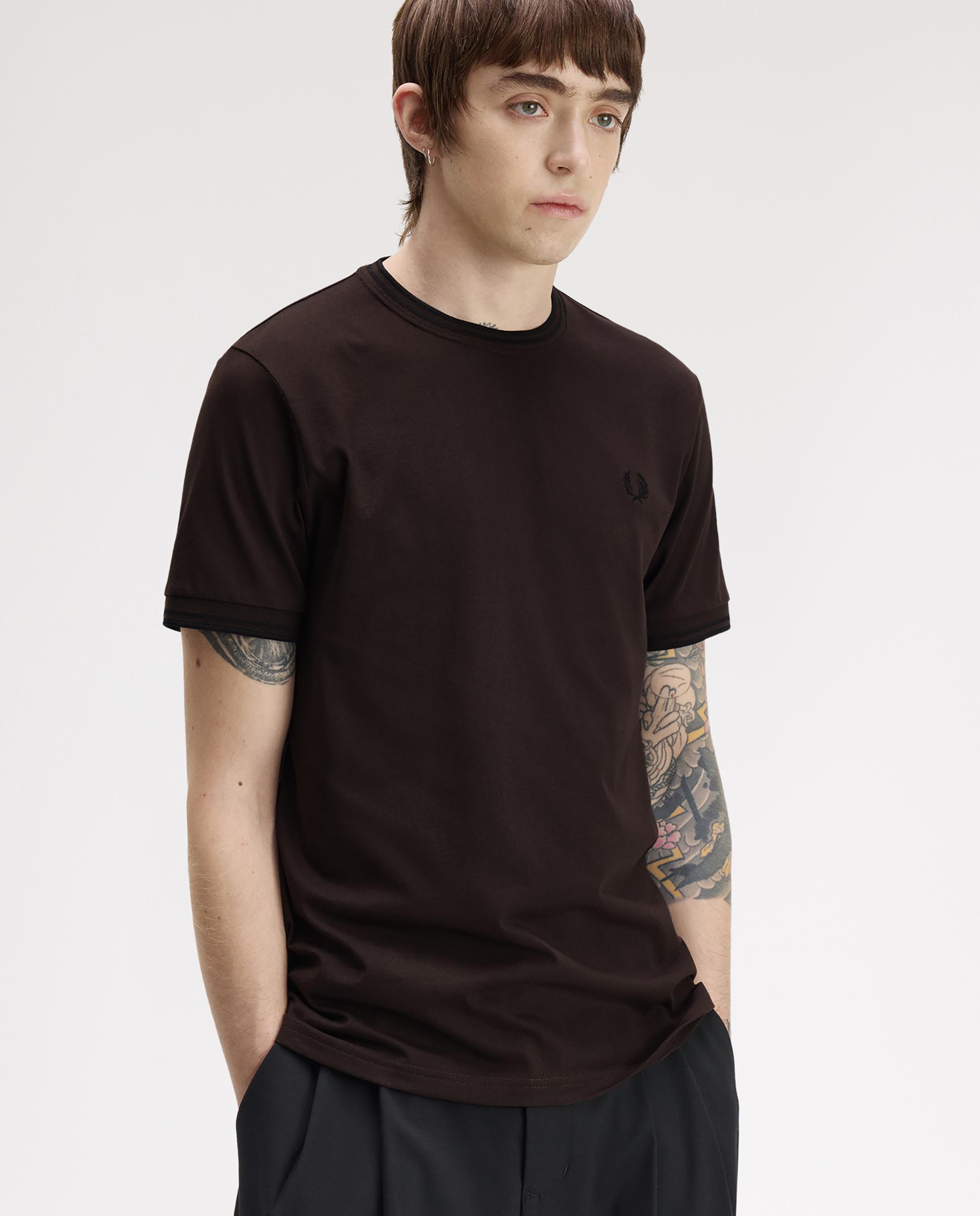 Camiseta de manga corta de hombre con ribete con dos franjas - Fred Perry - Marrón oscuro Marrón oscuro-3