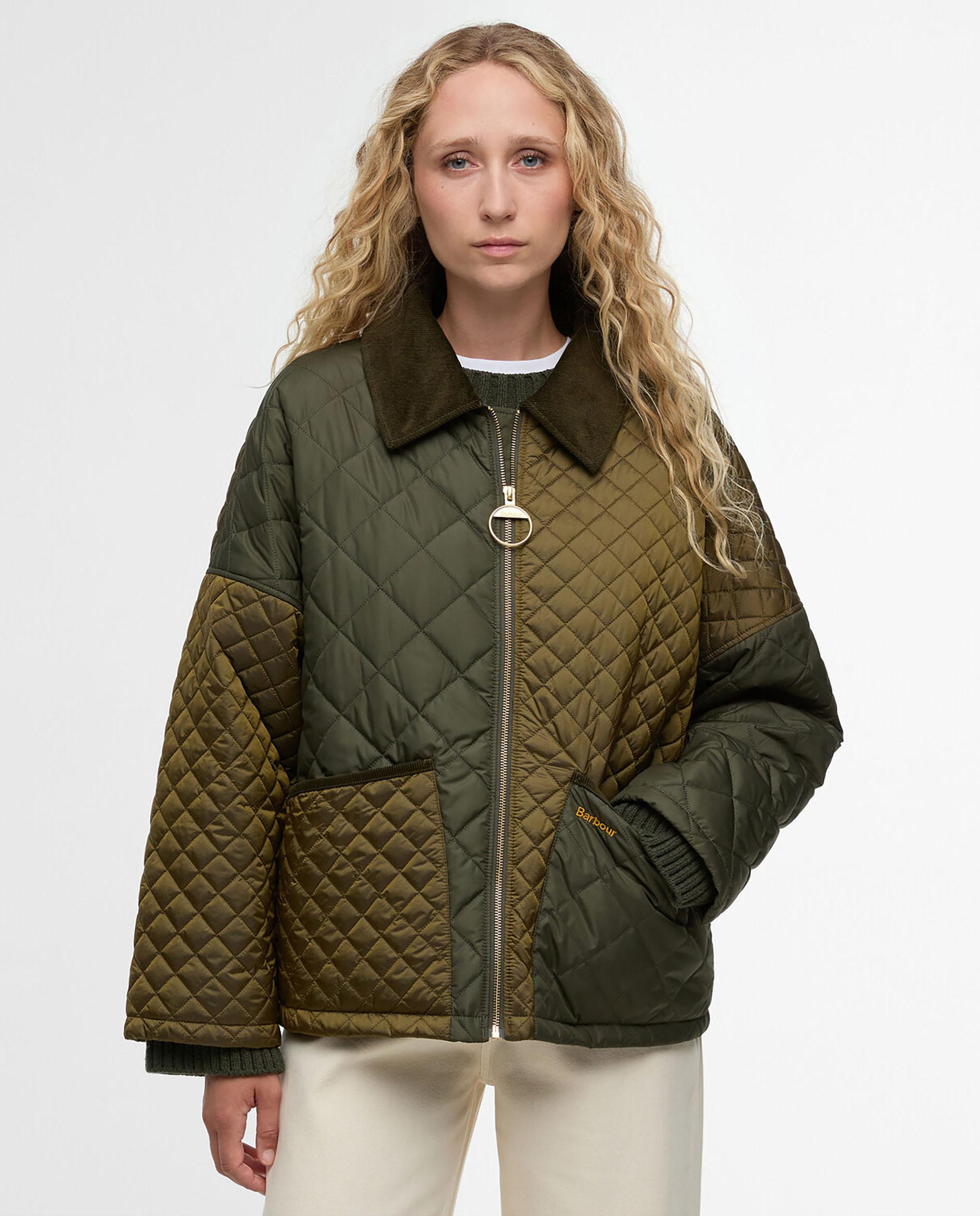 Barbour - Abrigo acolchado de mujer con bolsillos de parche y cierre frontal de cremallera.