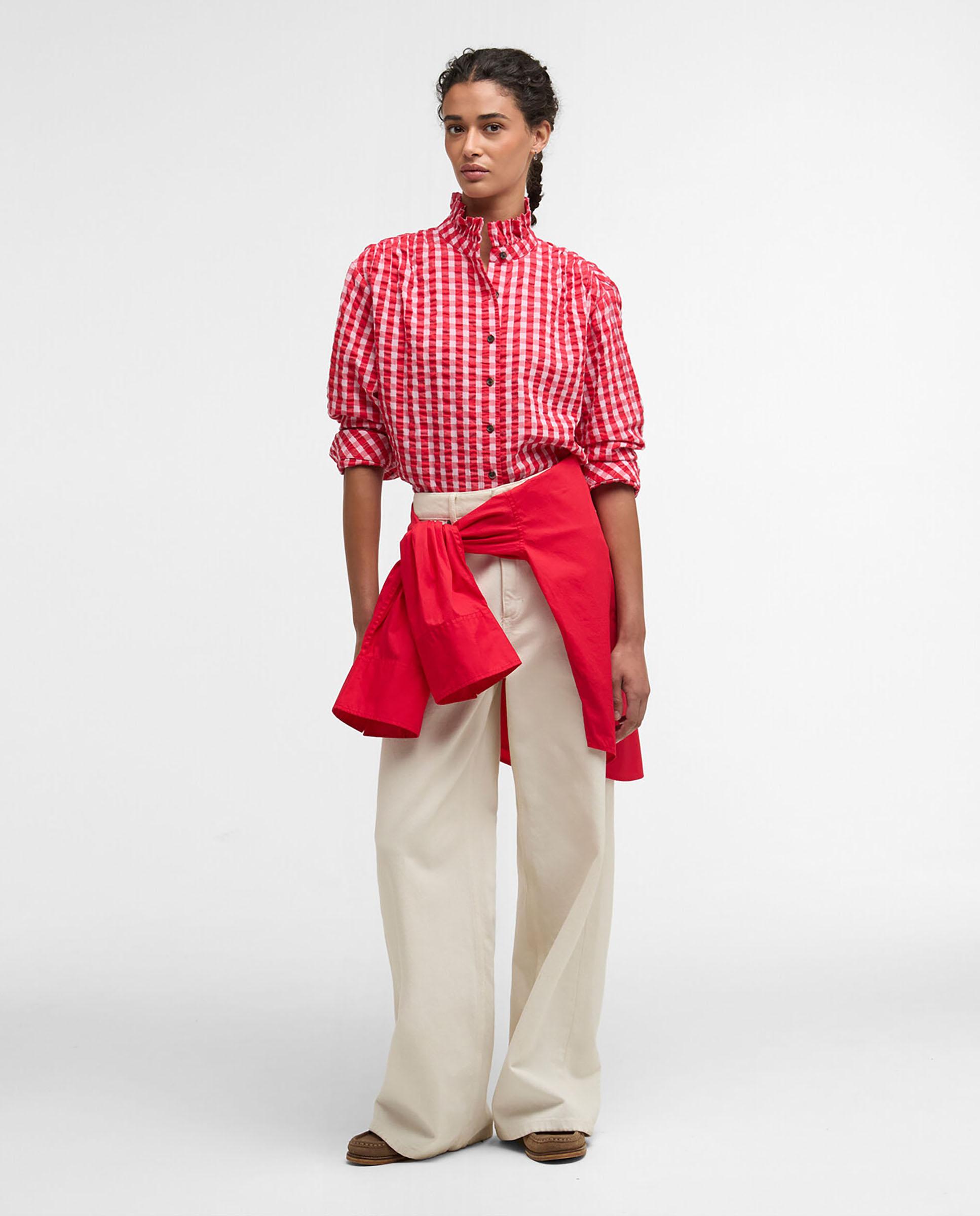 Camisa de mujer de manga larga con cuello con volantes y un suave fruncido en los hombros - Barbour - Rojo / Blanco Rojo / Blanco-3