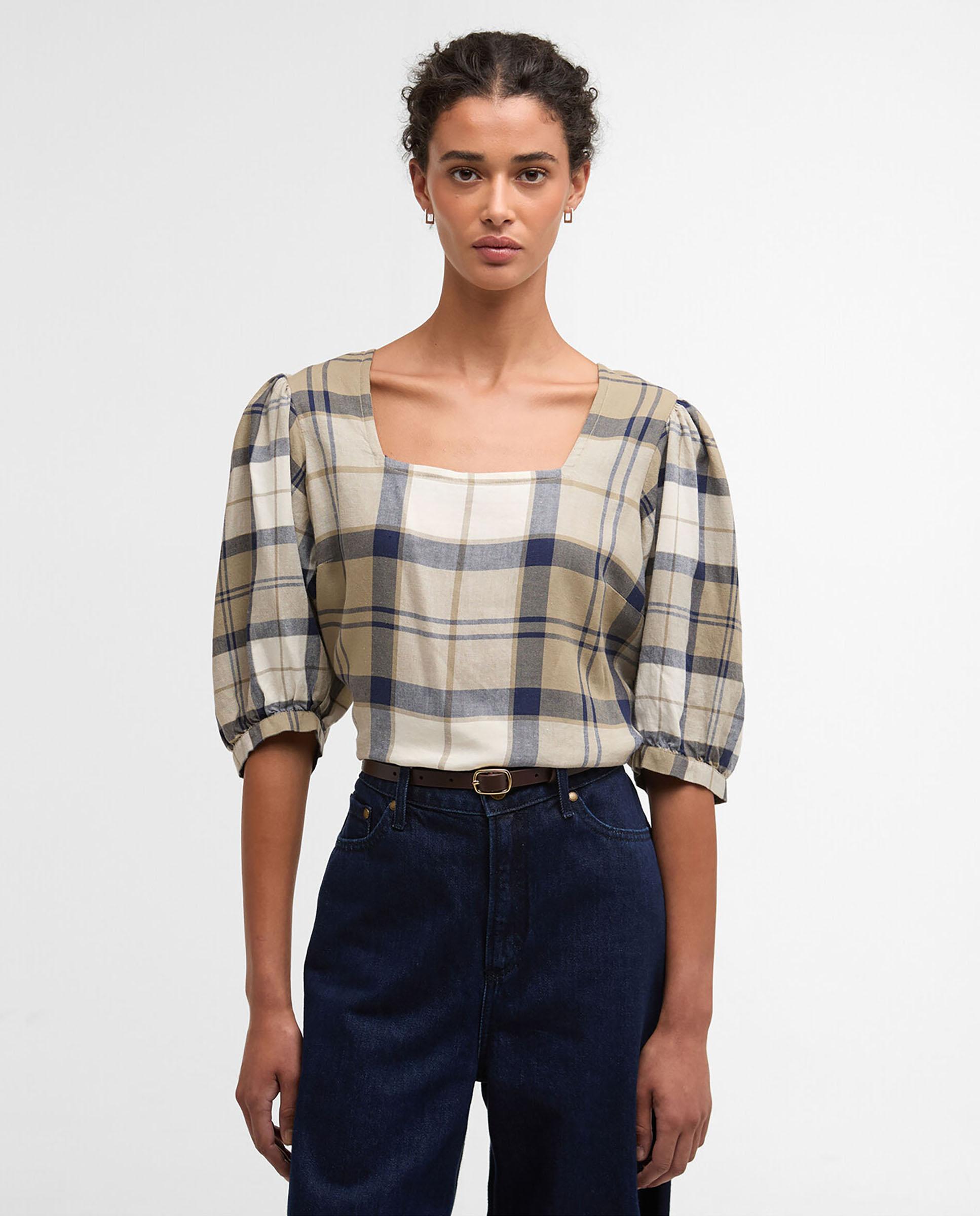 Barbour - Camisa de mujer de cuello cuadrado y mangas abullonadas.