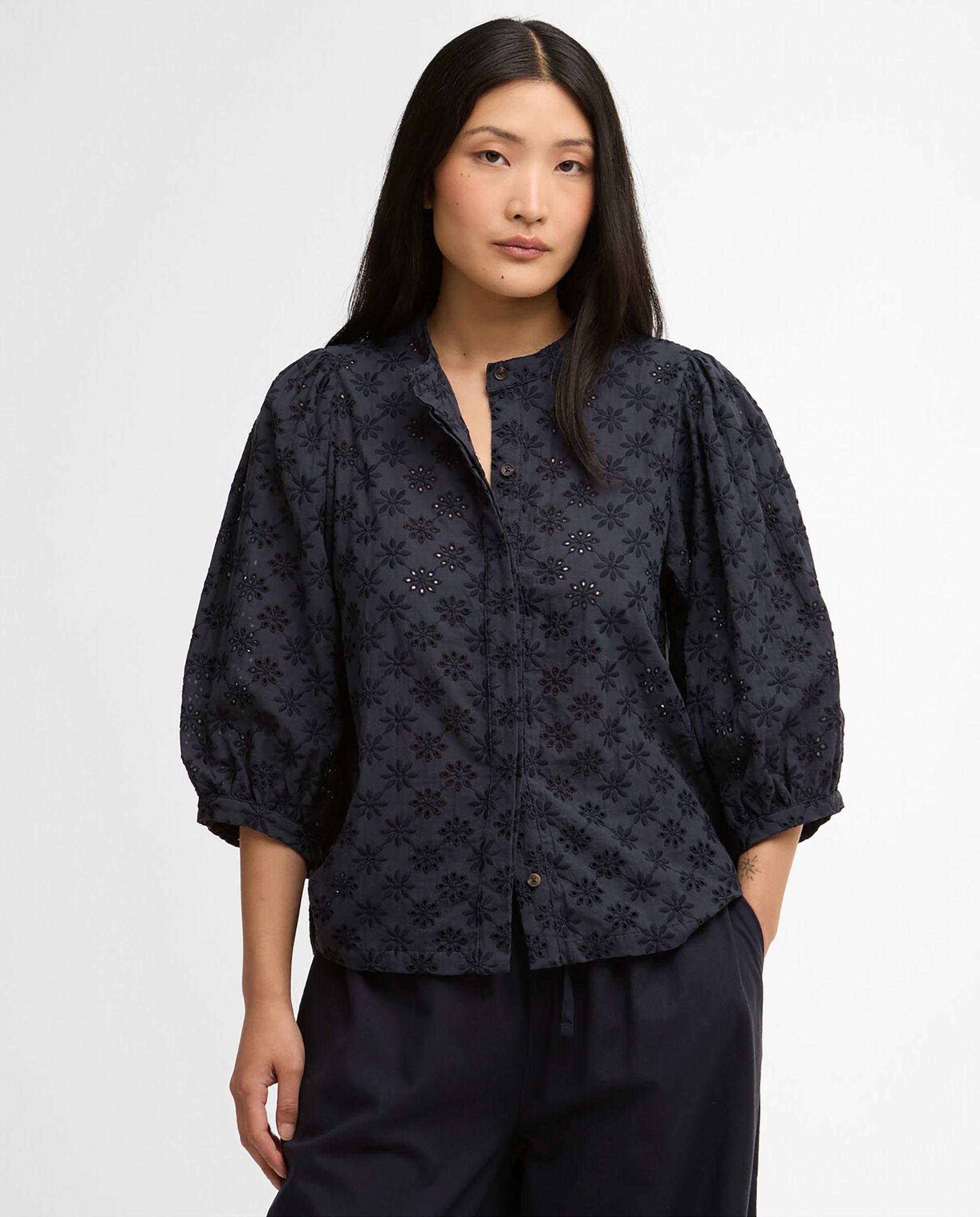 Barbour - Camisa de mujer con manga abullonada y cierre abotonado con tapeta.