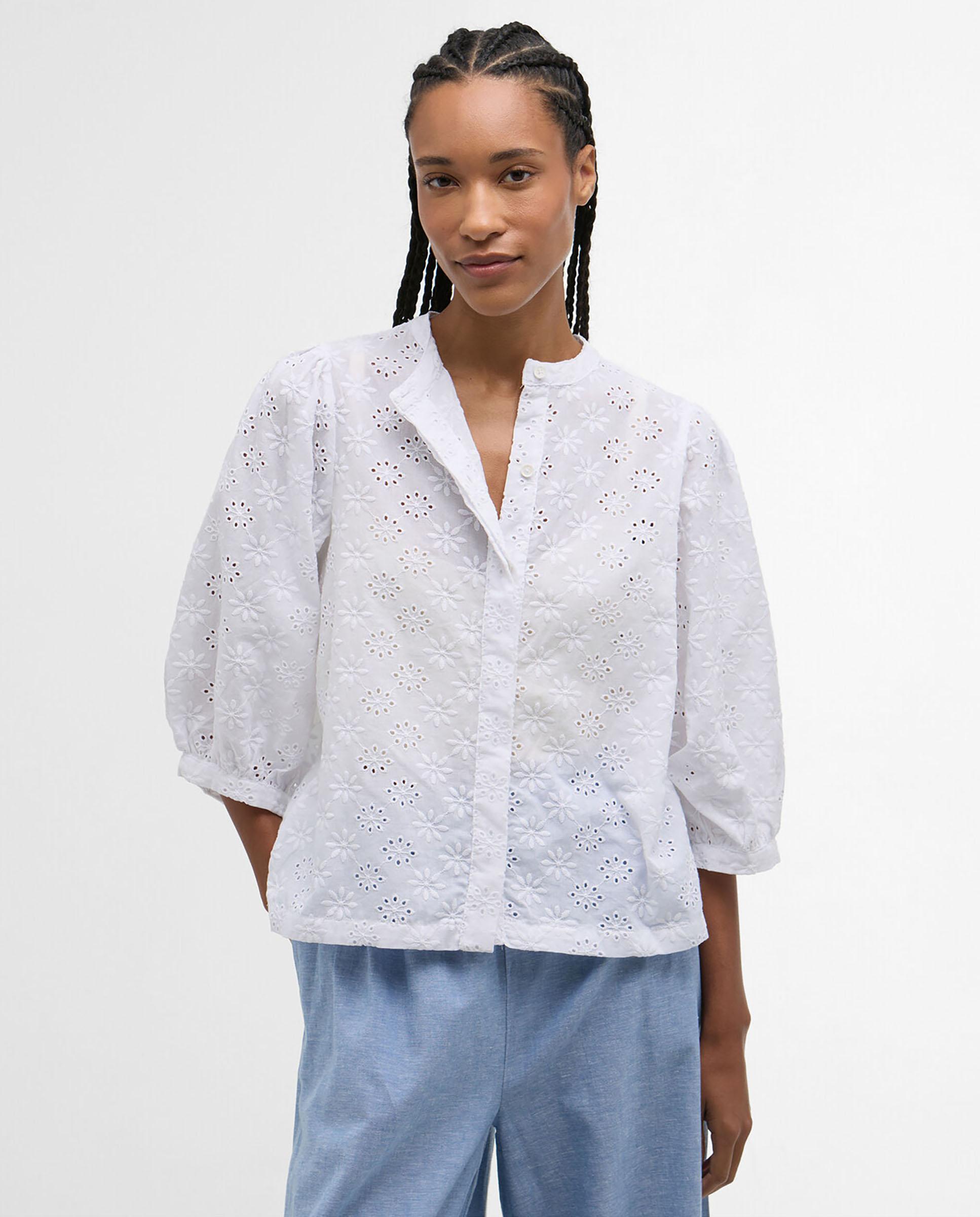 Camisa de mujer con manga abullonada y cierre abotonado con tapeta - Barbour - Blanco Blanco-1