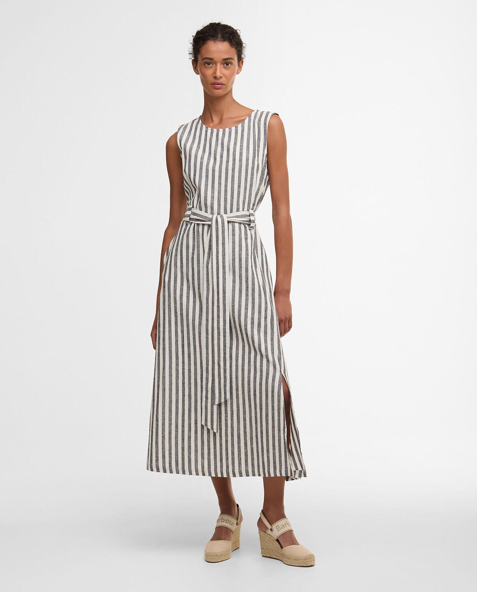 Barbour - Vestido midi de estampado de rayas con lazo en cintura.