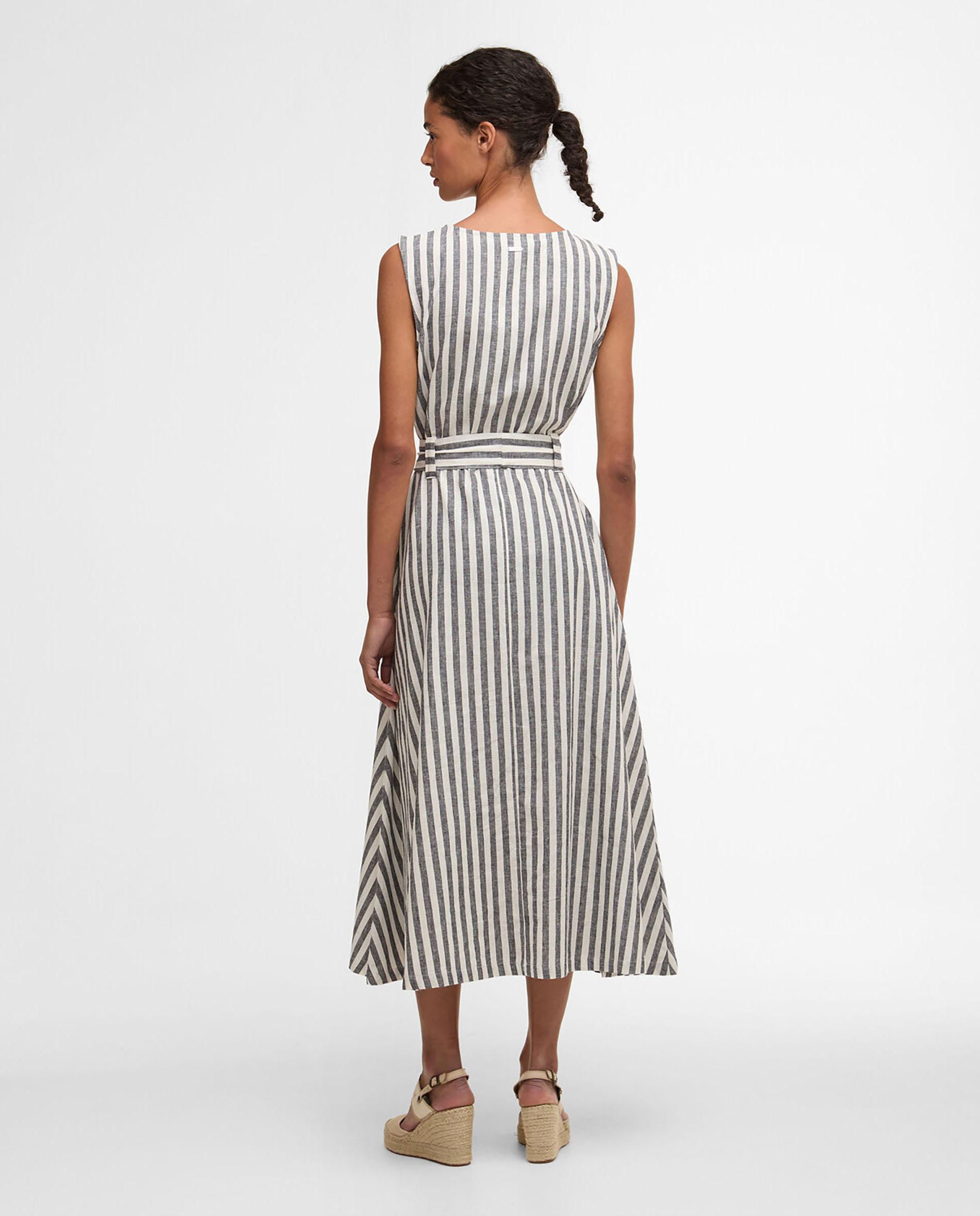 Vestido midi de estampado de rayas con lazo en cintura - Barbour - Blanco / Azul Blanco / Azul-2