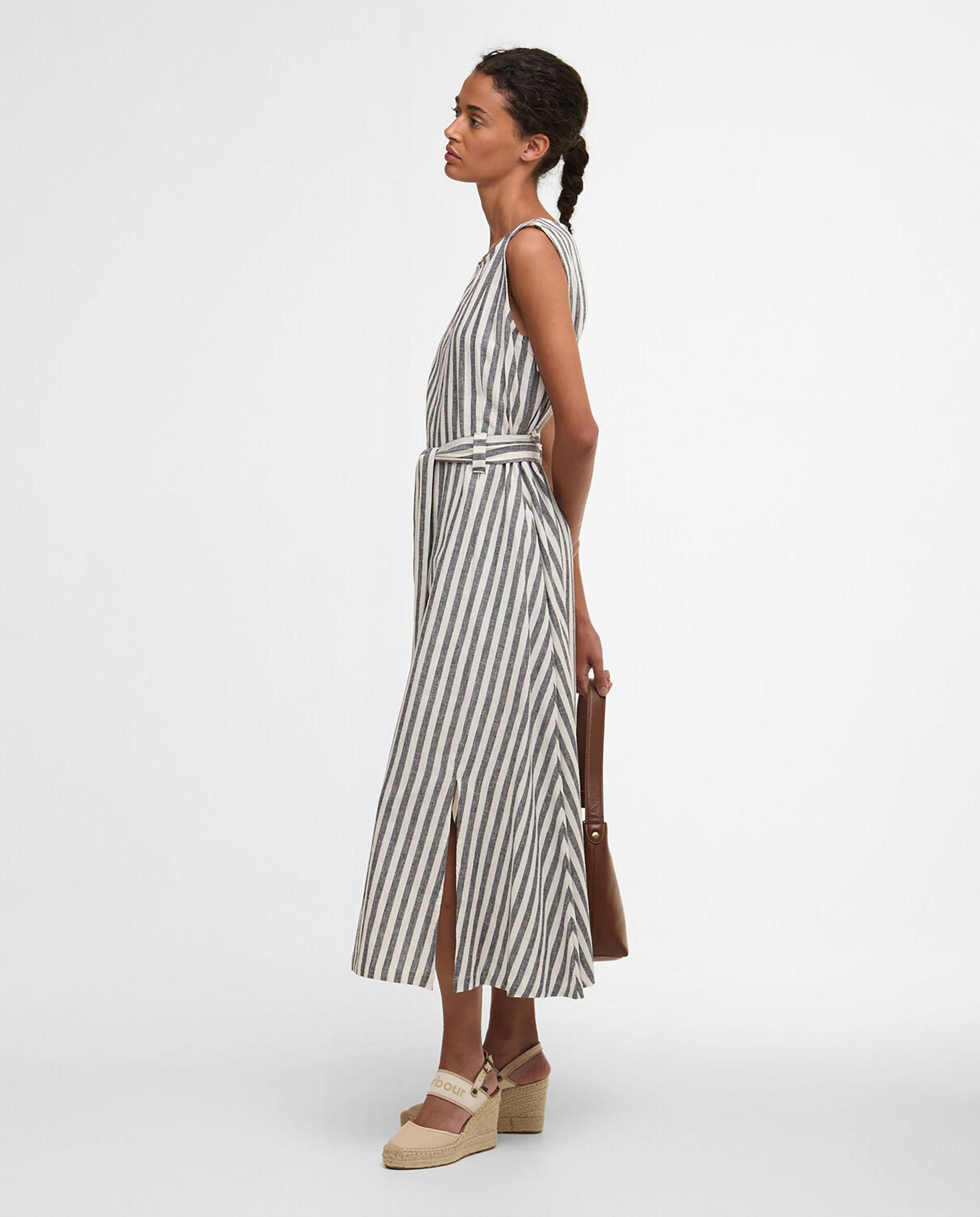 Vestido midi de estampado de rayas con lazo en cintura - Barbour - Blanco / Azul Blanco / Azul-3