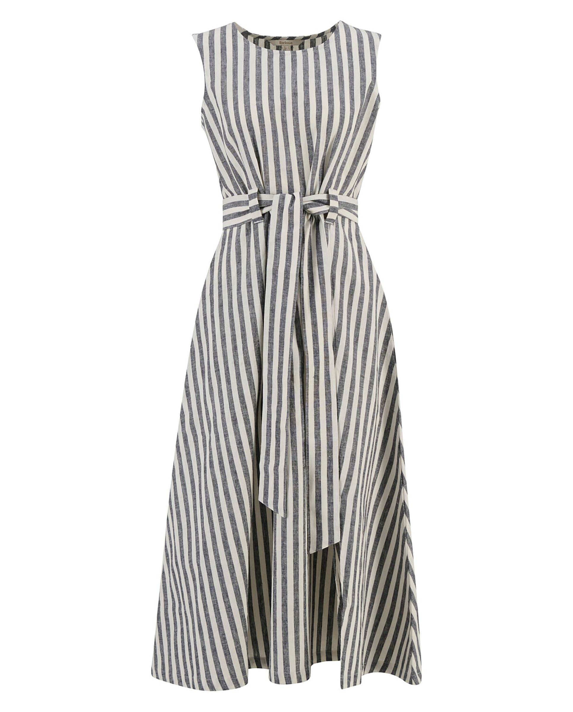Vestido midi de estampado de rayas con lazo en cintura - Barbour - Blanco / Azul Blanco / Azul-7