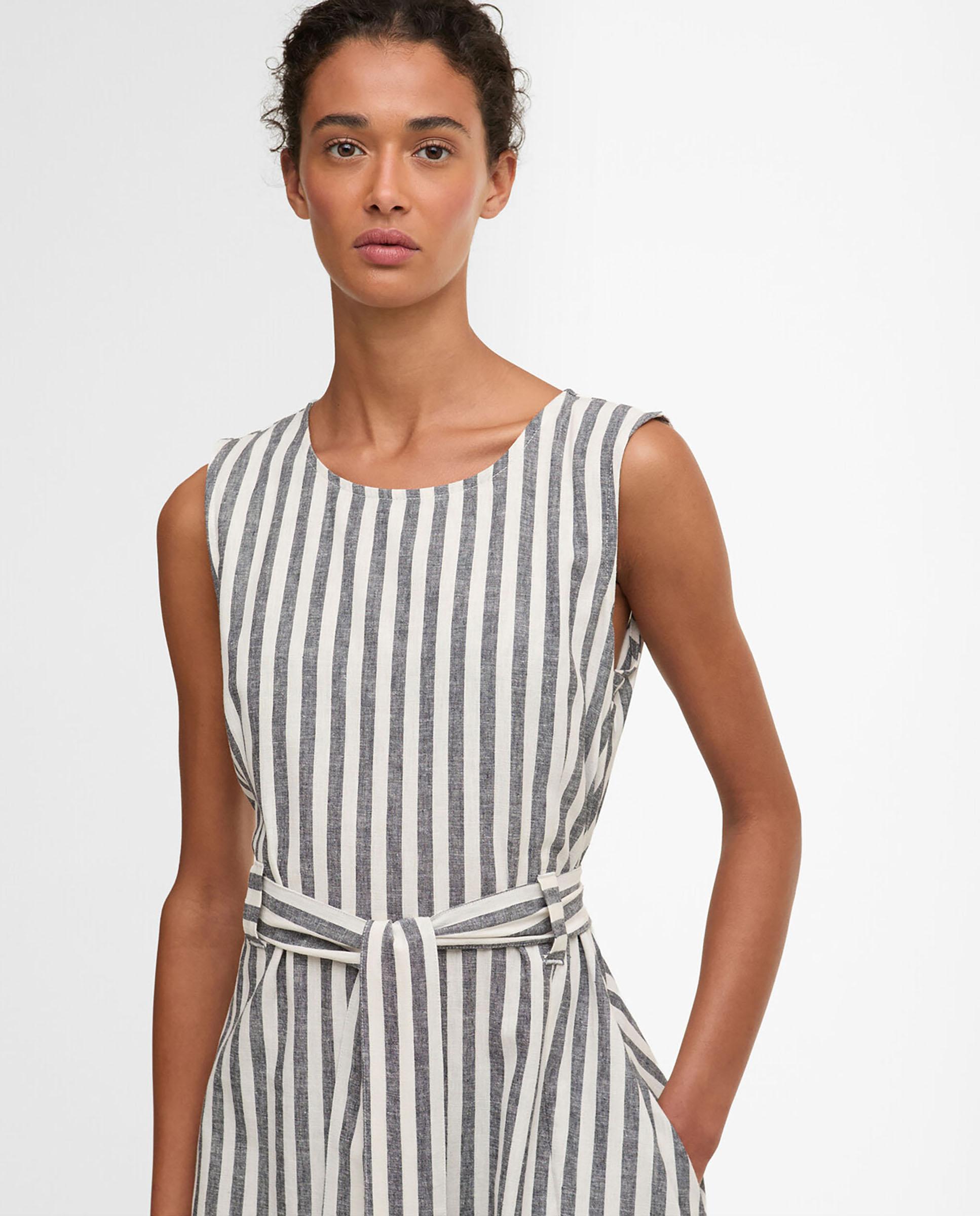 Vestido midi de estampado de rayas con lazo en cintura - Barbour - Blanco / Azul Blanco / Azul-4