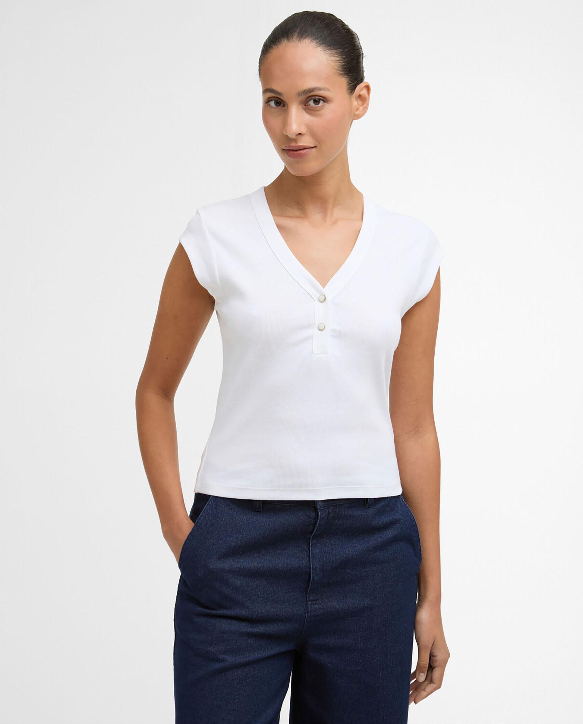 Camiseta de mujer con escote en V decorado con botones esmaltados - Barbour - Blanco Blanco-1