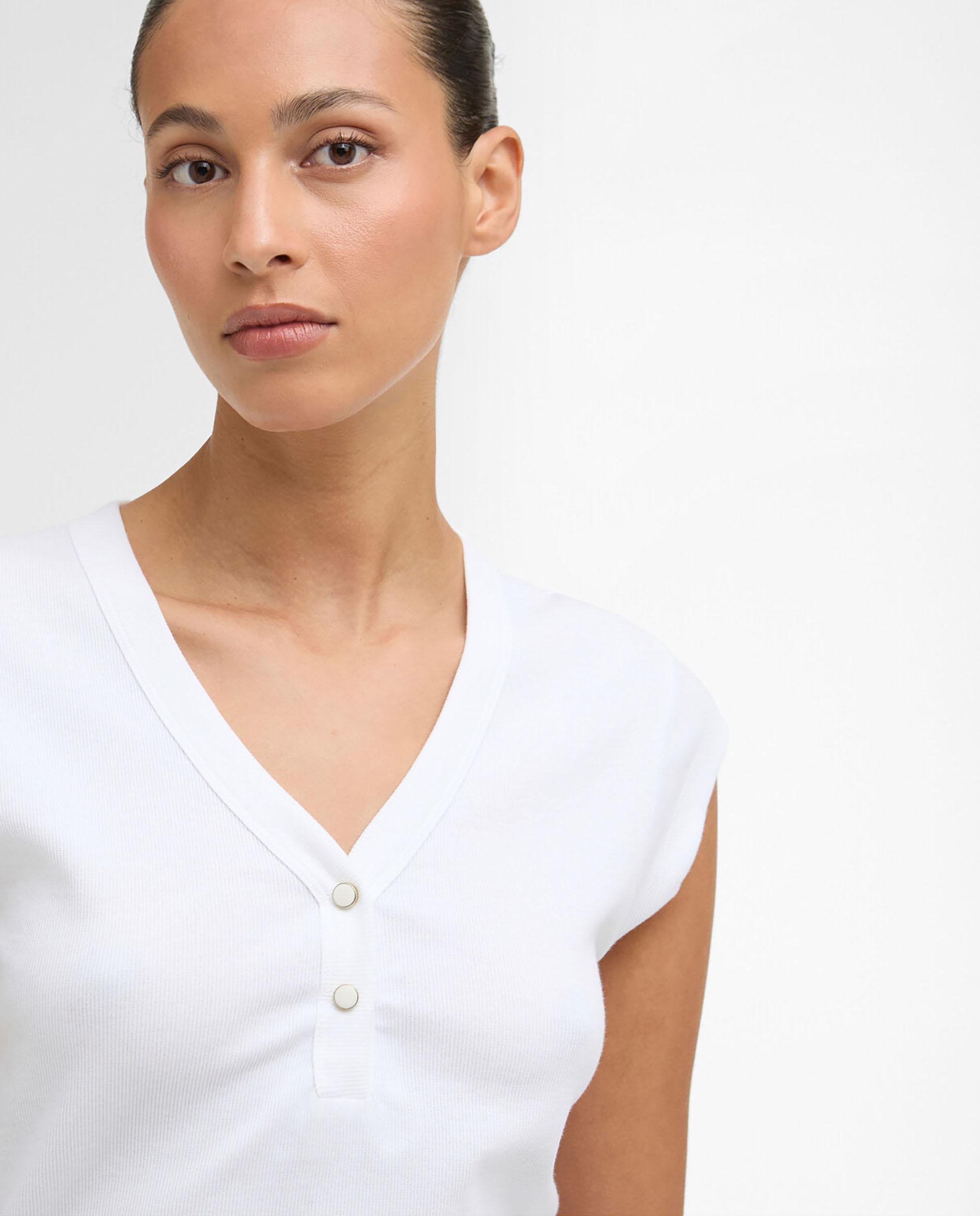 Camiseta de mujer con escote en V decorado con botones esmaltados - Barbour - Blanco Blanco-4