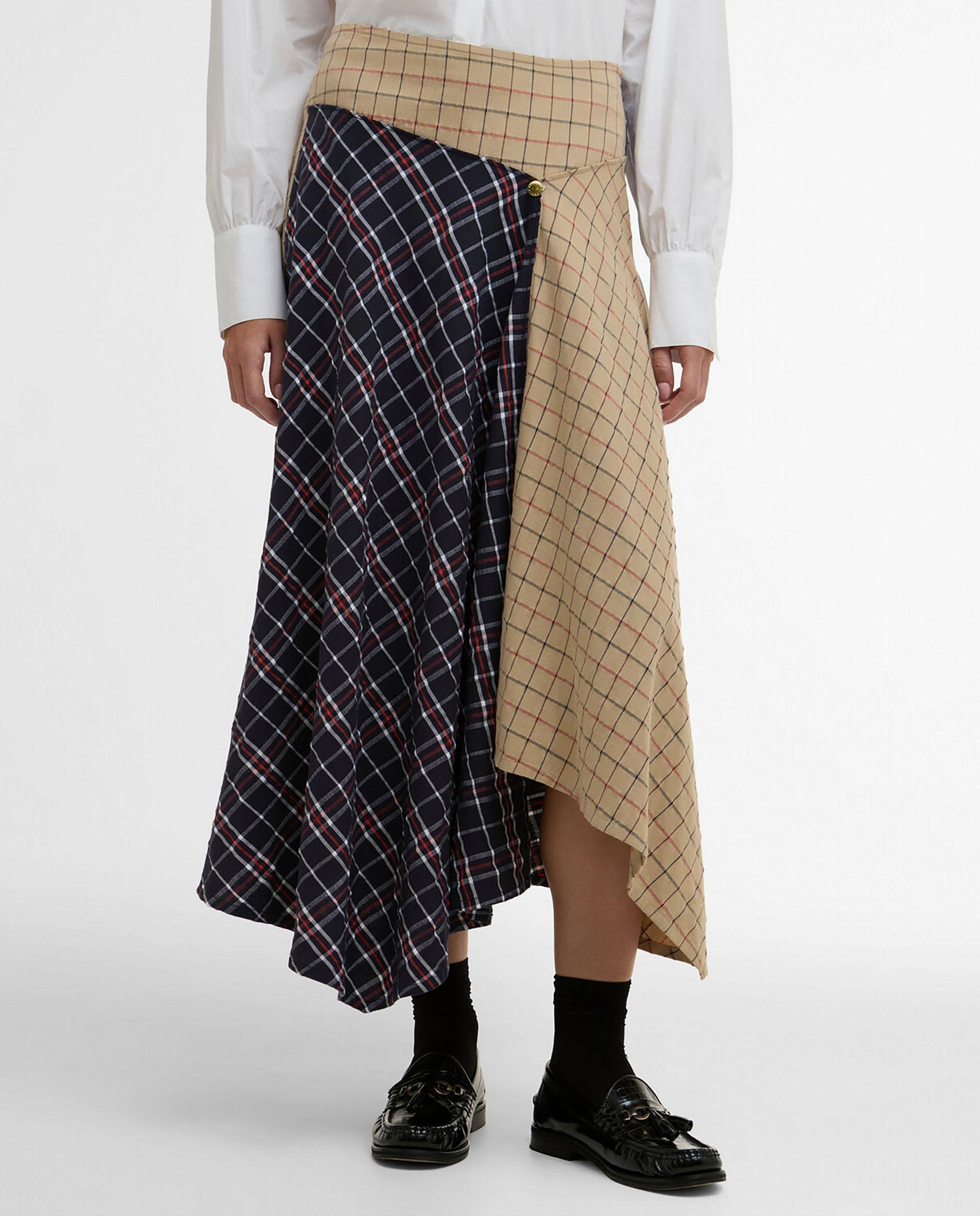 Imagen 0 de Falda midi de corte asimétrico y estampado geométrico Multicolor