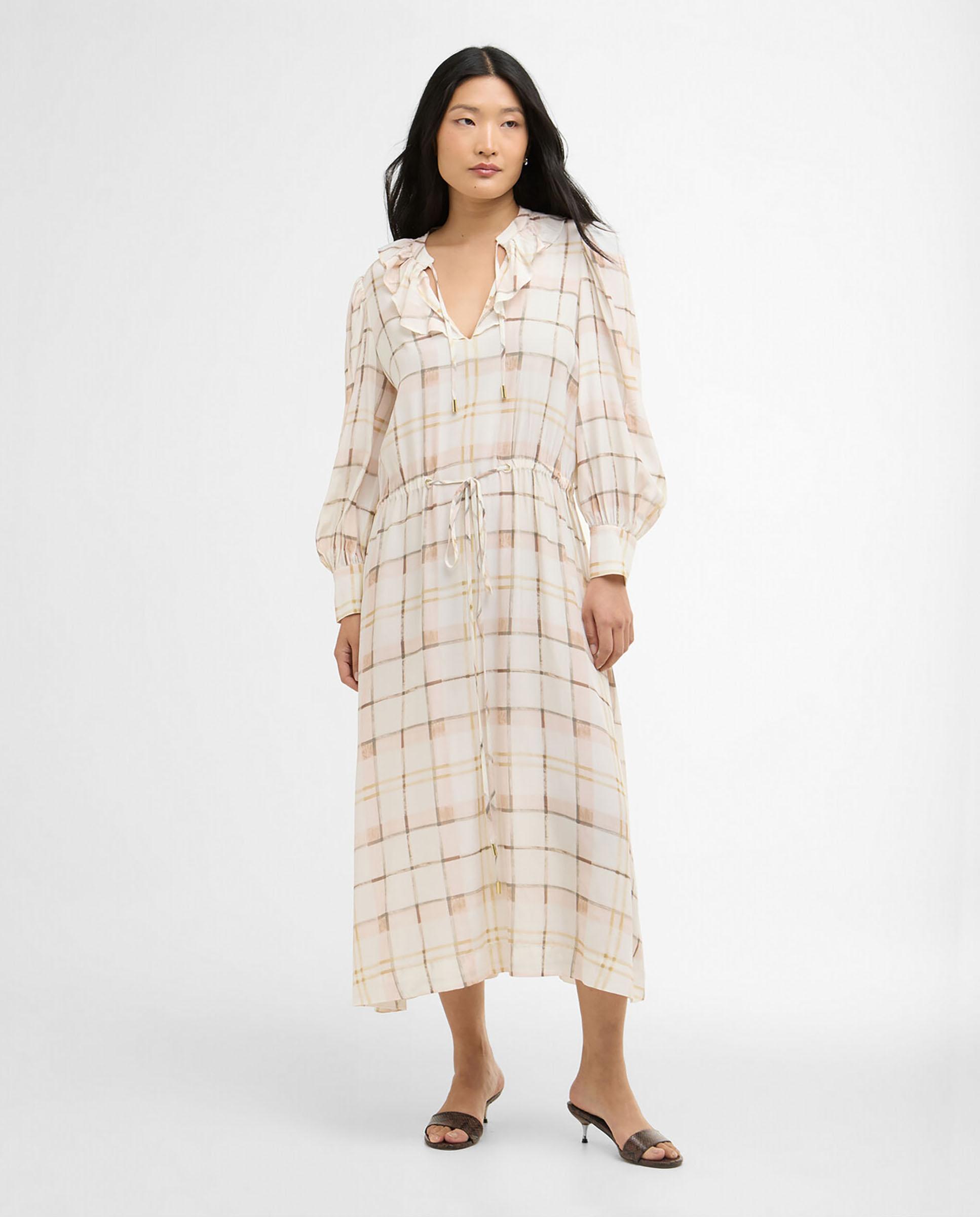 Vestido midi de manga larga con estampado de cuadros y ajuste de cordón en cintura - Barbour - Beige Beige-1