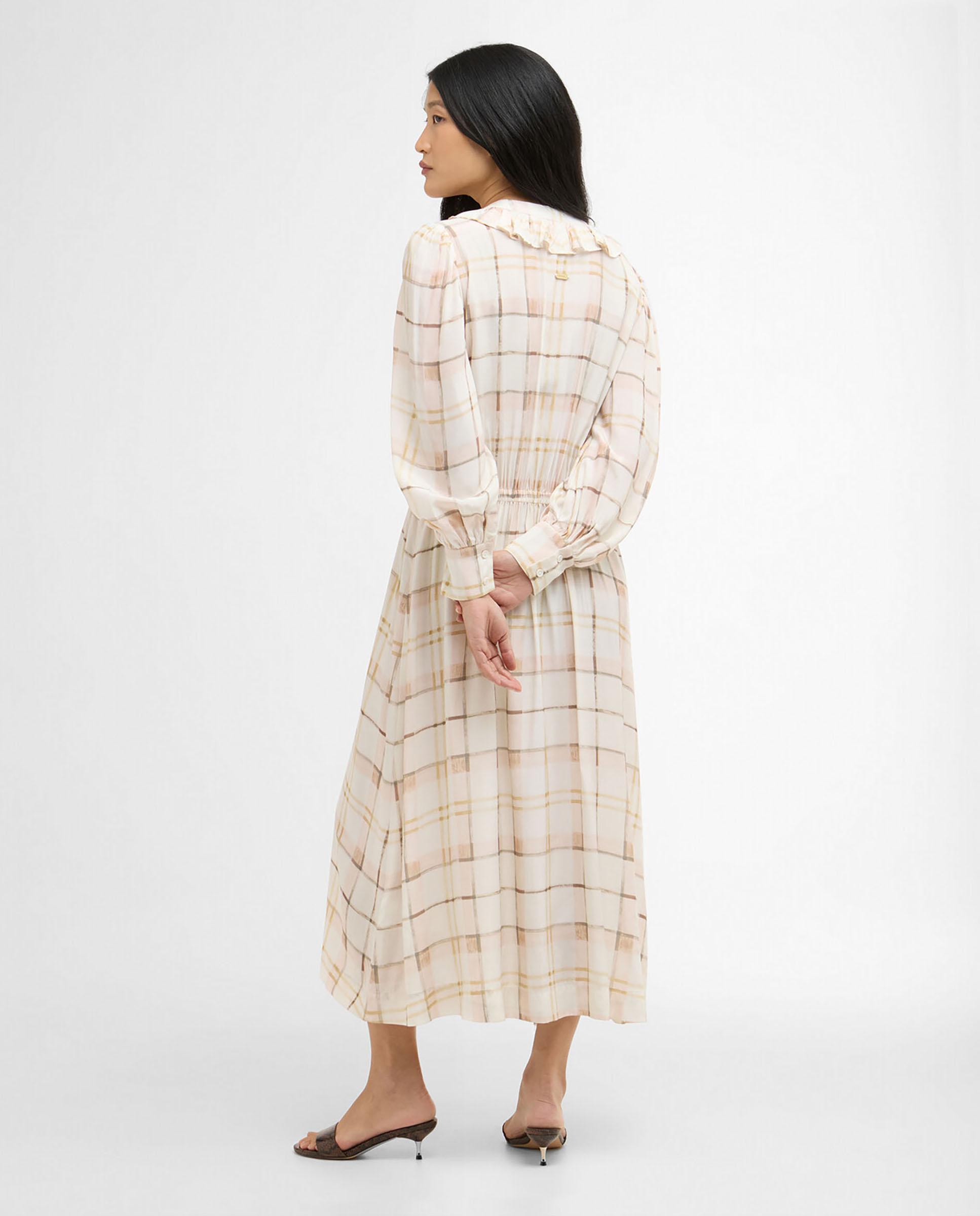 Vestido midi de manga larga con estampado de cuadros y ajuste de cordón en cintura - Barbour - Beige Beige-2