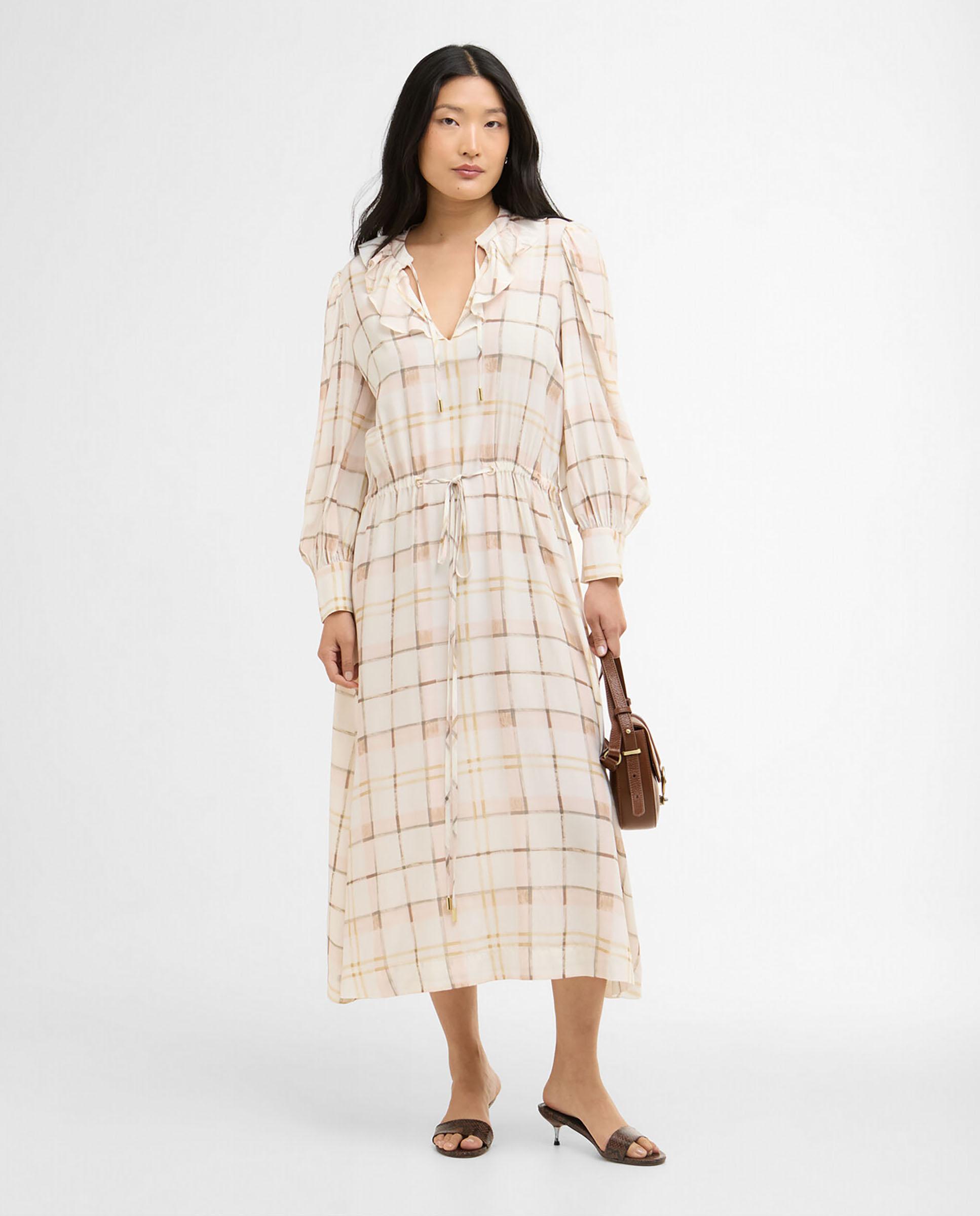 Vestido midi de manga larga con estampado de cuadros y ajuste de cordón en cintura - Barbour - Beige Beige-3