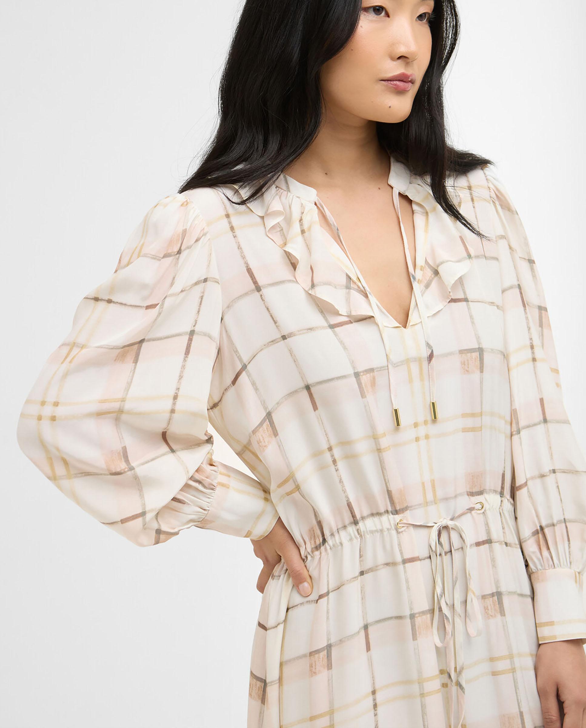 Vestido midi de manga larga con estampado de cuadros y ajuste de cordón en cintura - Barbour - Beige Beige-4