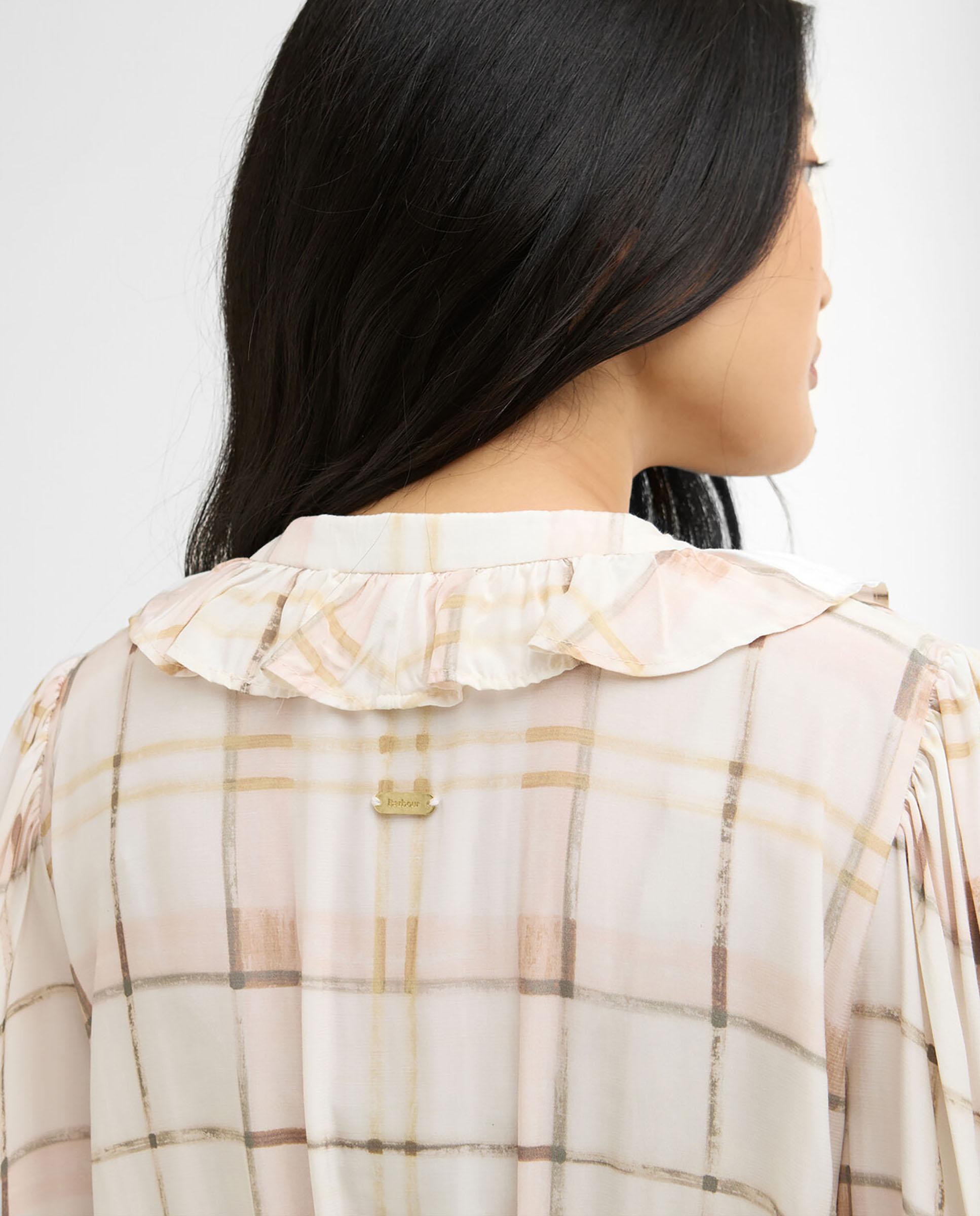 Vestido midi de manga larga con estampado de cuadros y ajuste de cordón en cintura - Barbour - Beige Beige-5