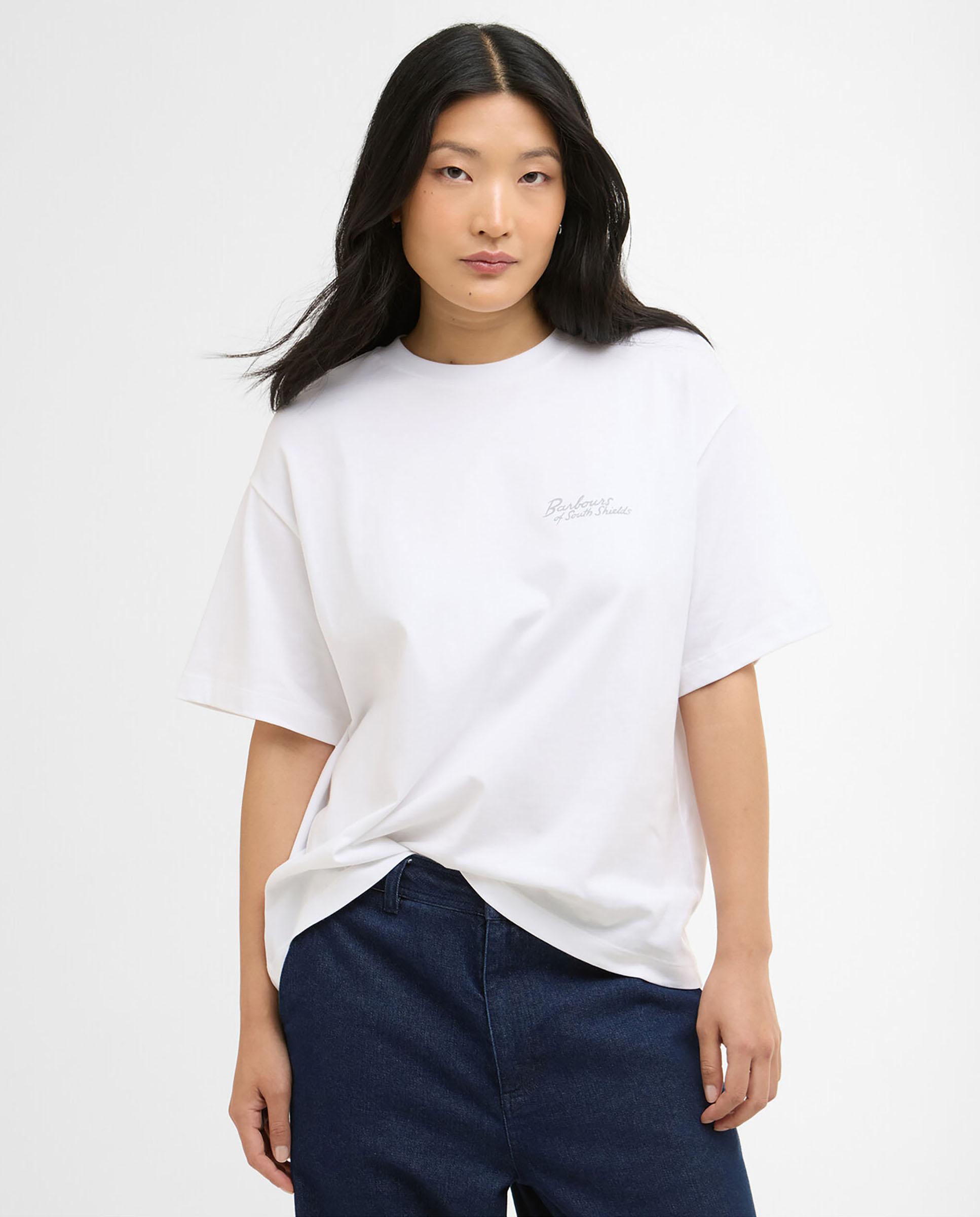 Barbour - Camiseta de mujer con cuello redondo y estampado trasero.