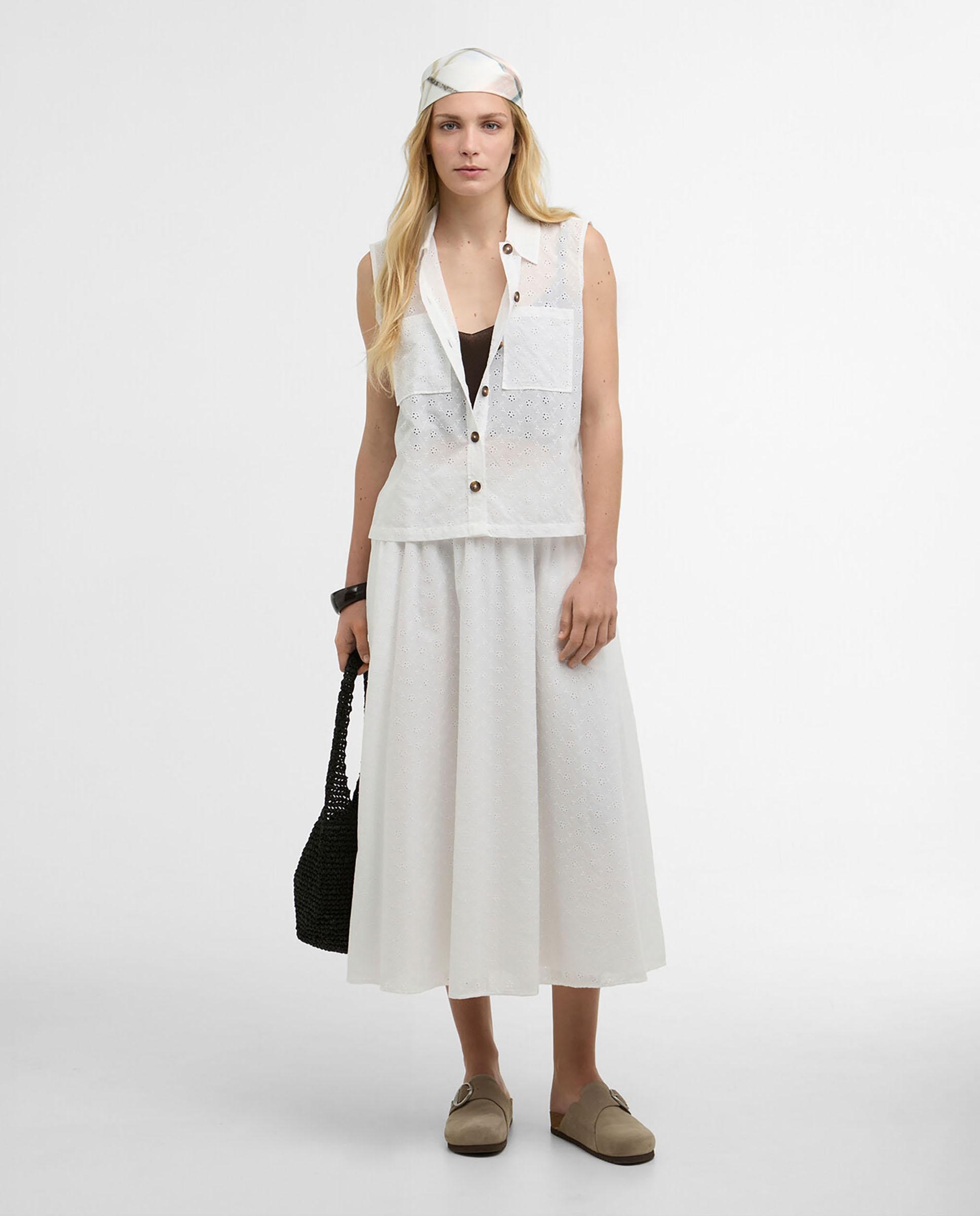 Falda midi de corte fluido con elástico en la cintura - Barbour - Blanco Blanco-3