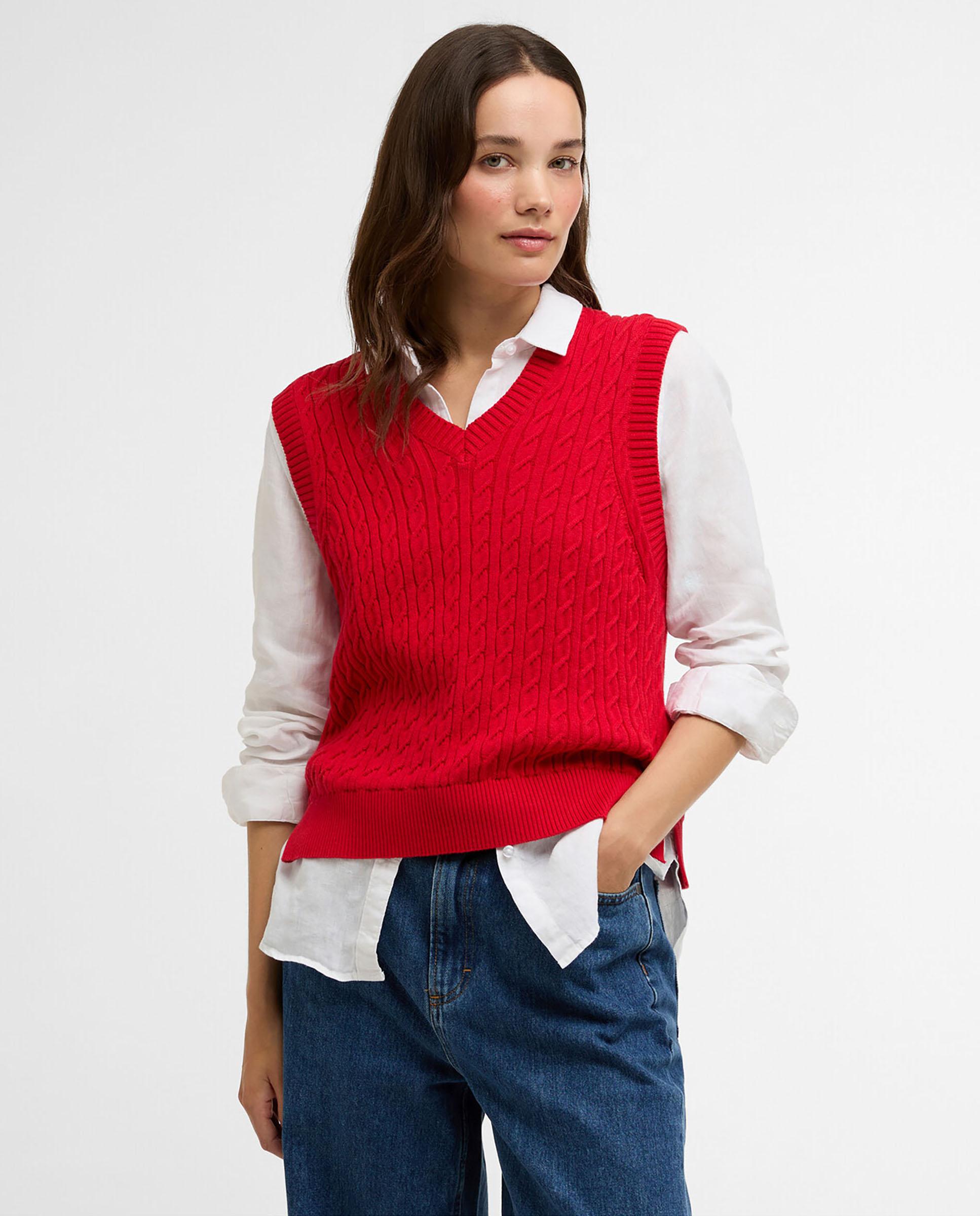 Chaleco de mujer de punto fino trenzado y aberturas laterales - Barbour - Rojo Rojo-1