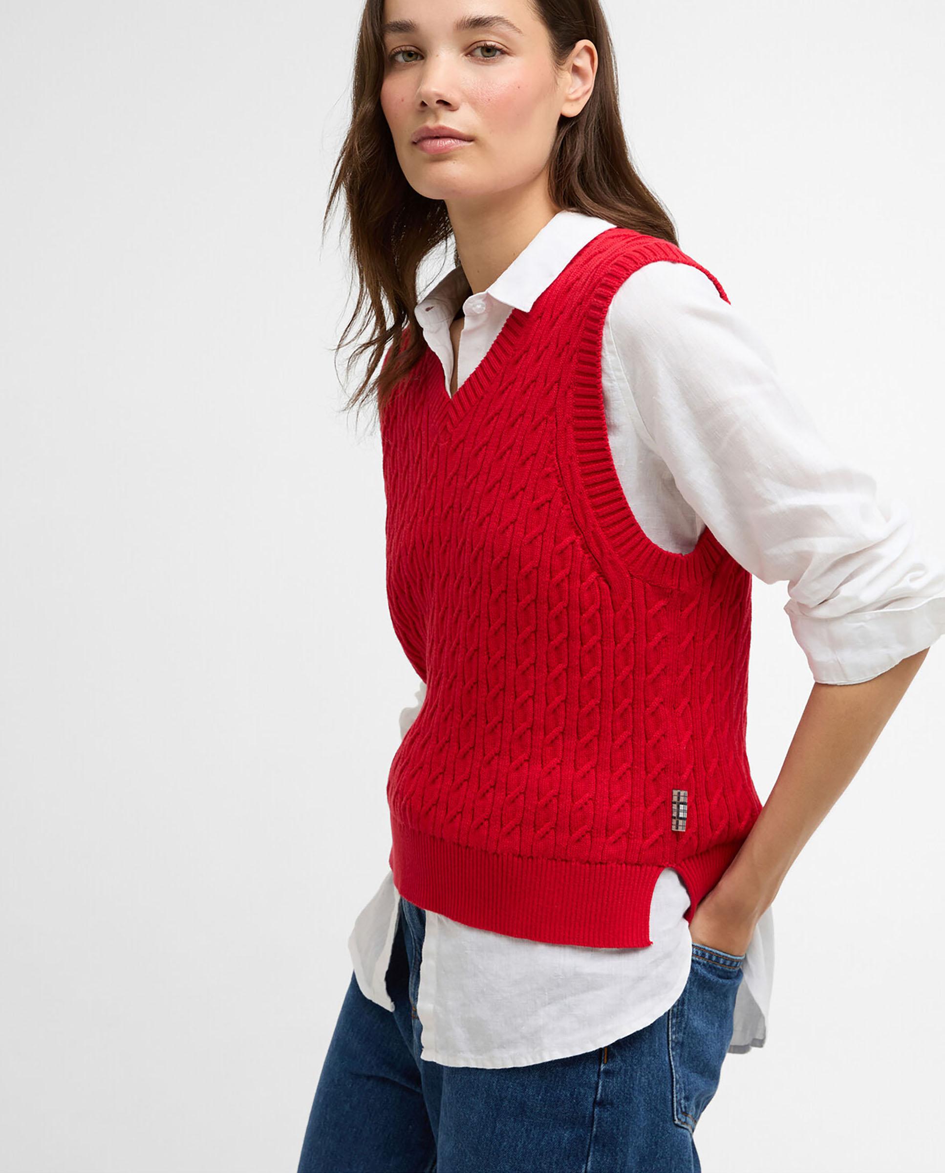 Chaleco de mujer de punto fino trenzado y aberturas laterales - Barbour - Rojo Rojo-4