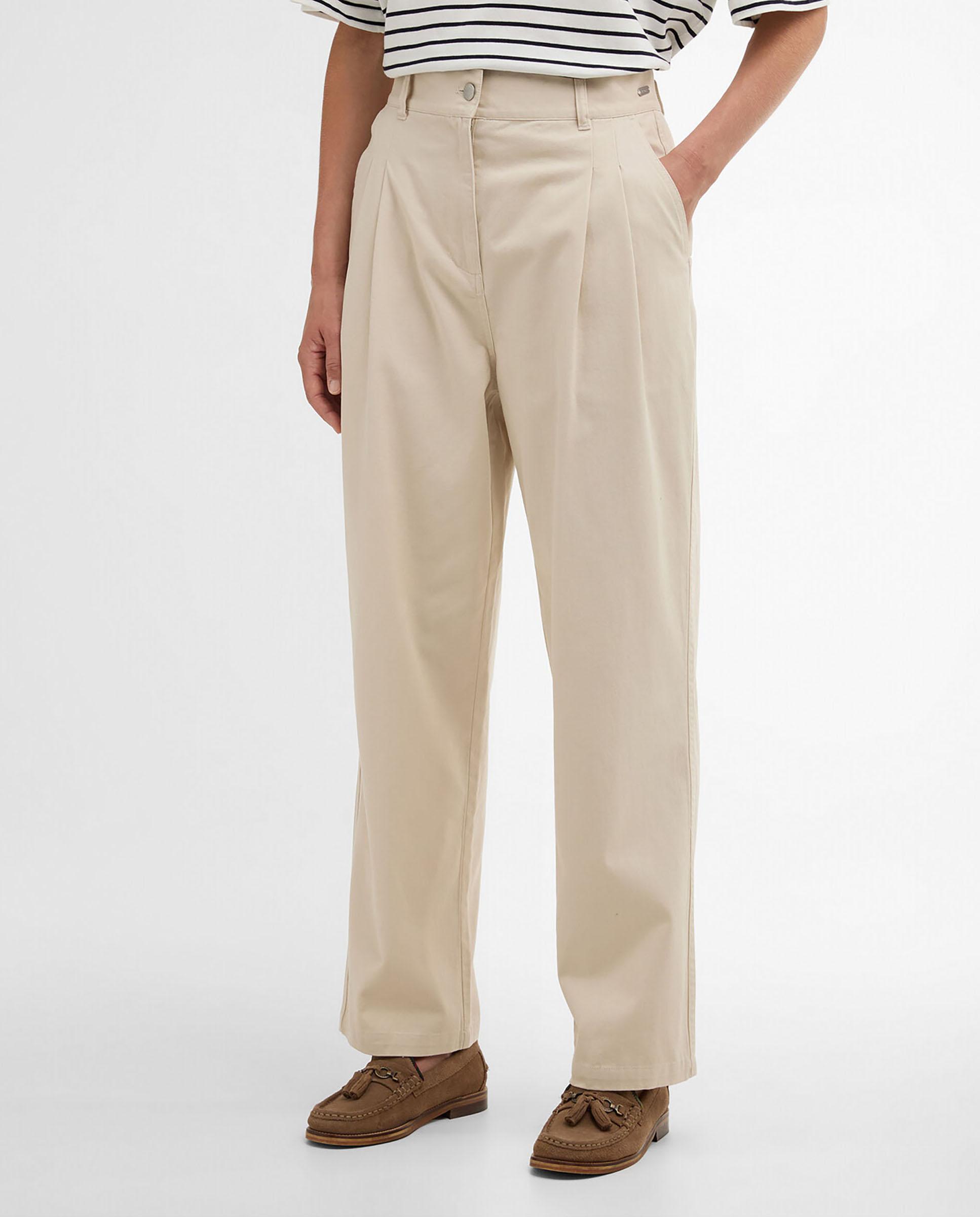 Imagen 0 de Pantalones rectos de mujer con bolsillos laterales y pliegues debajo de la cintura Beige