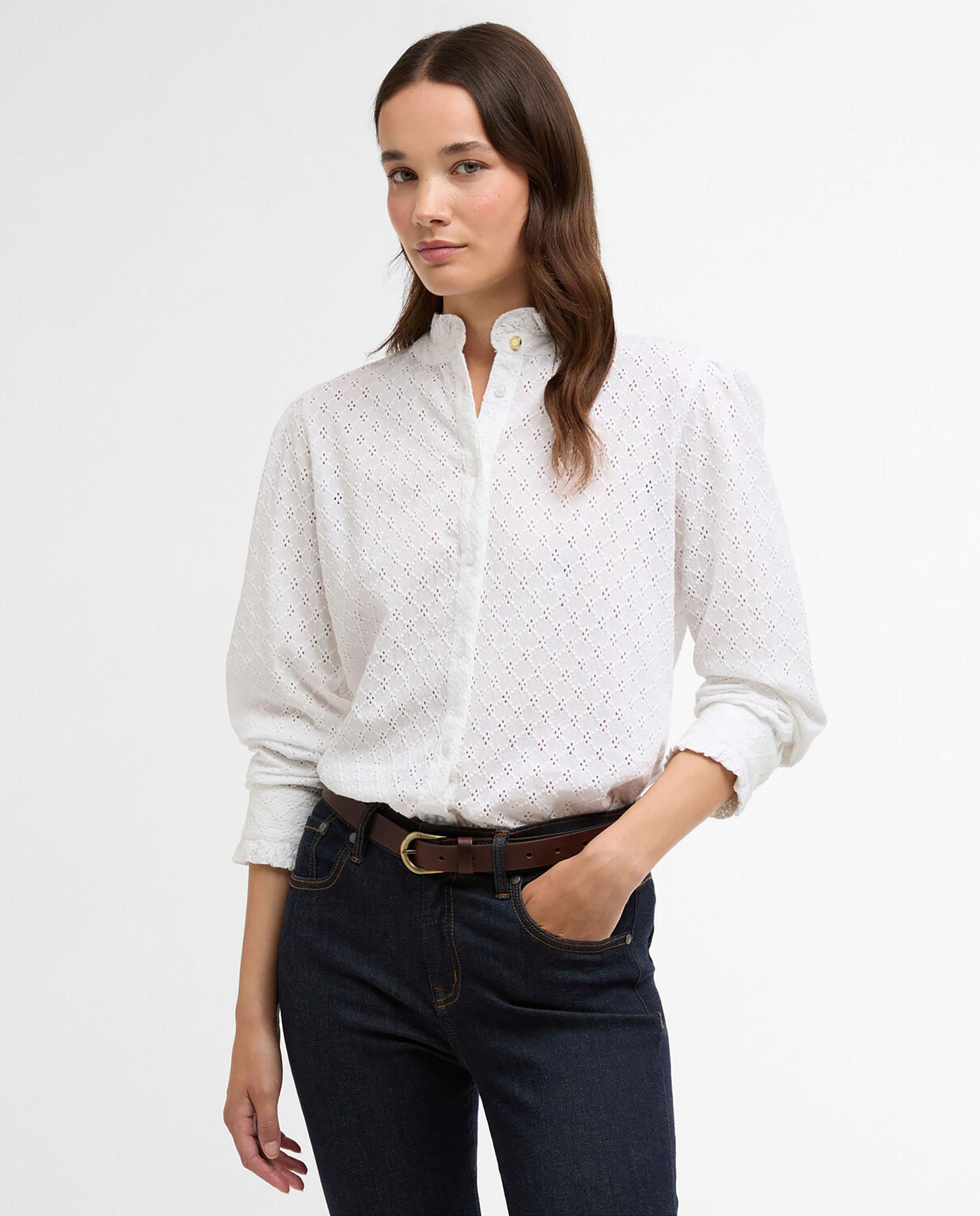 Camisa de mujer de manga larga con detalles de volantes en el cuello y los puños - Barbour - Blanco Blanco-1