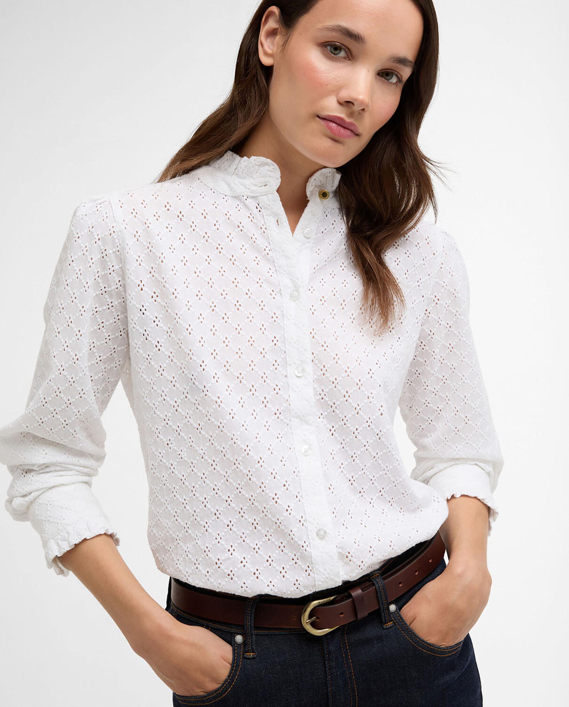 Camisa de mujer de manga larga con detalles de volantes en el cuello y los puños - Barbour - Blanco Blanco-4