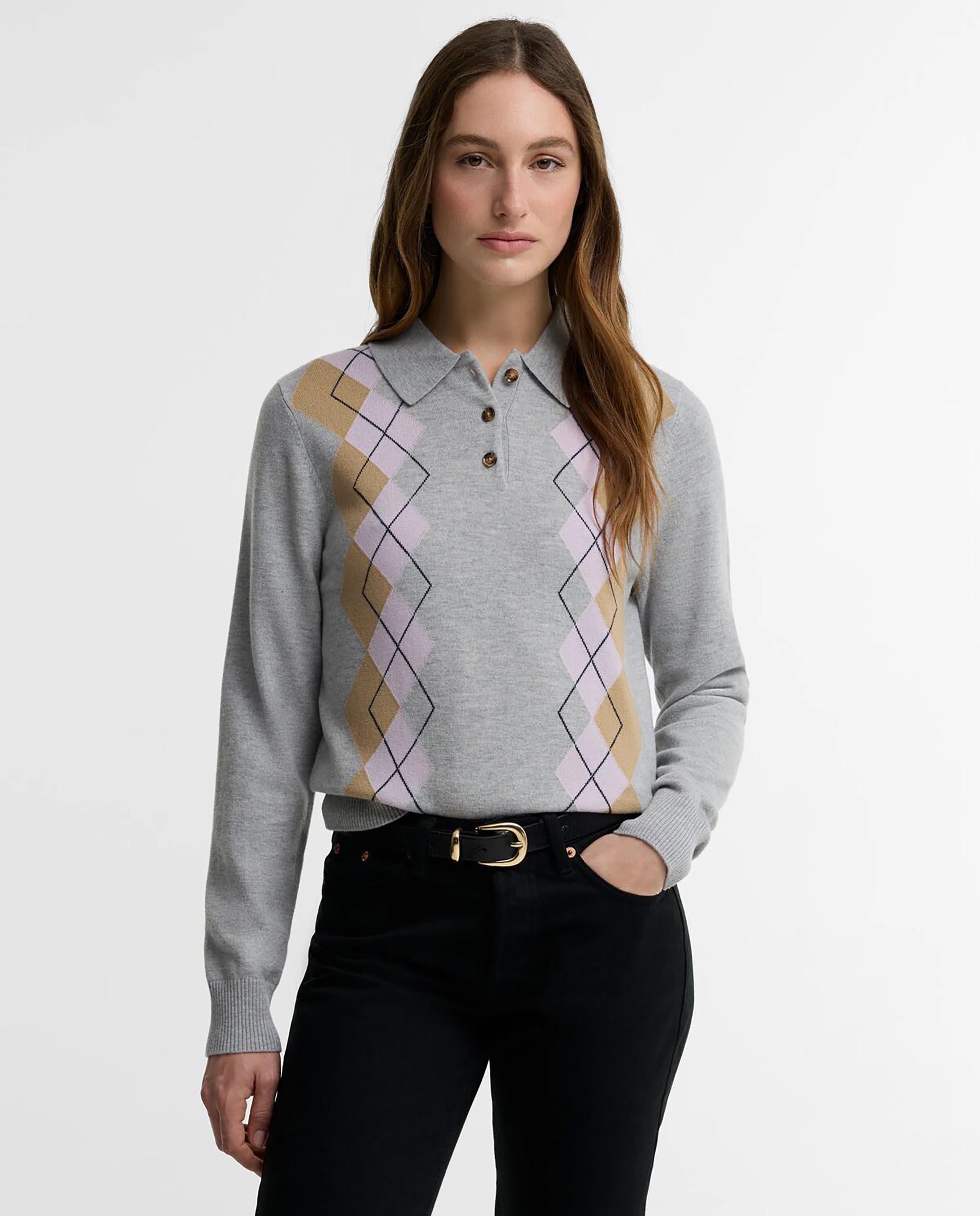 Polo de punto de mujer fawne argyle 100% lana - Barbour - Gris Gris-1