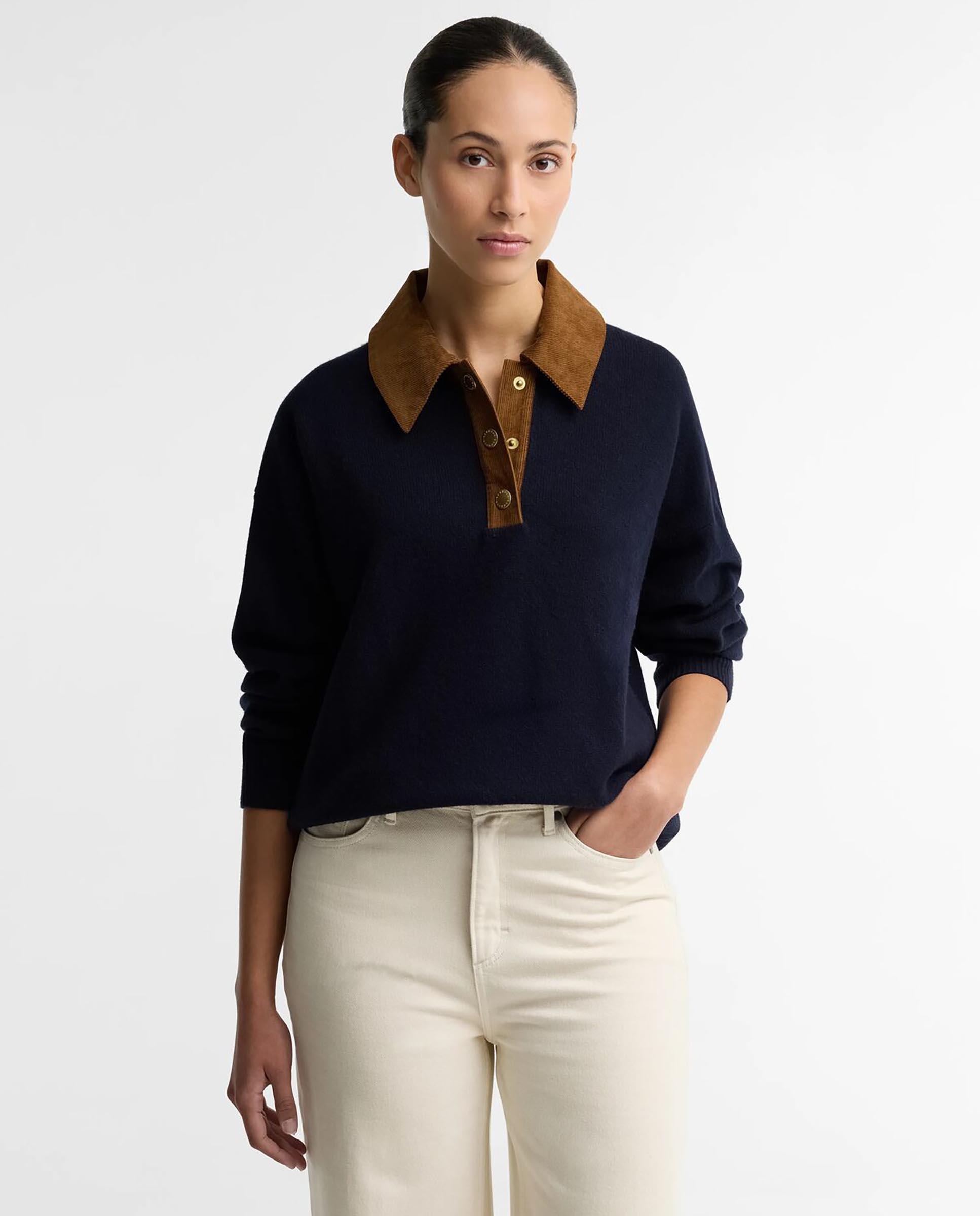 Imagen 0 de Jersey de mujer tipo polo ravenshill con cuello en contraste 100% lana Azul marino