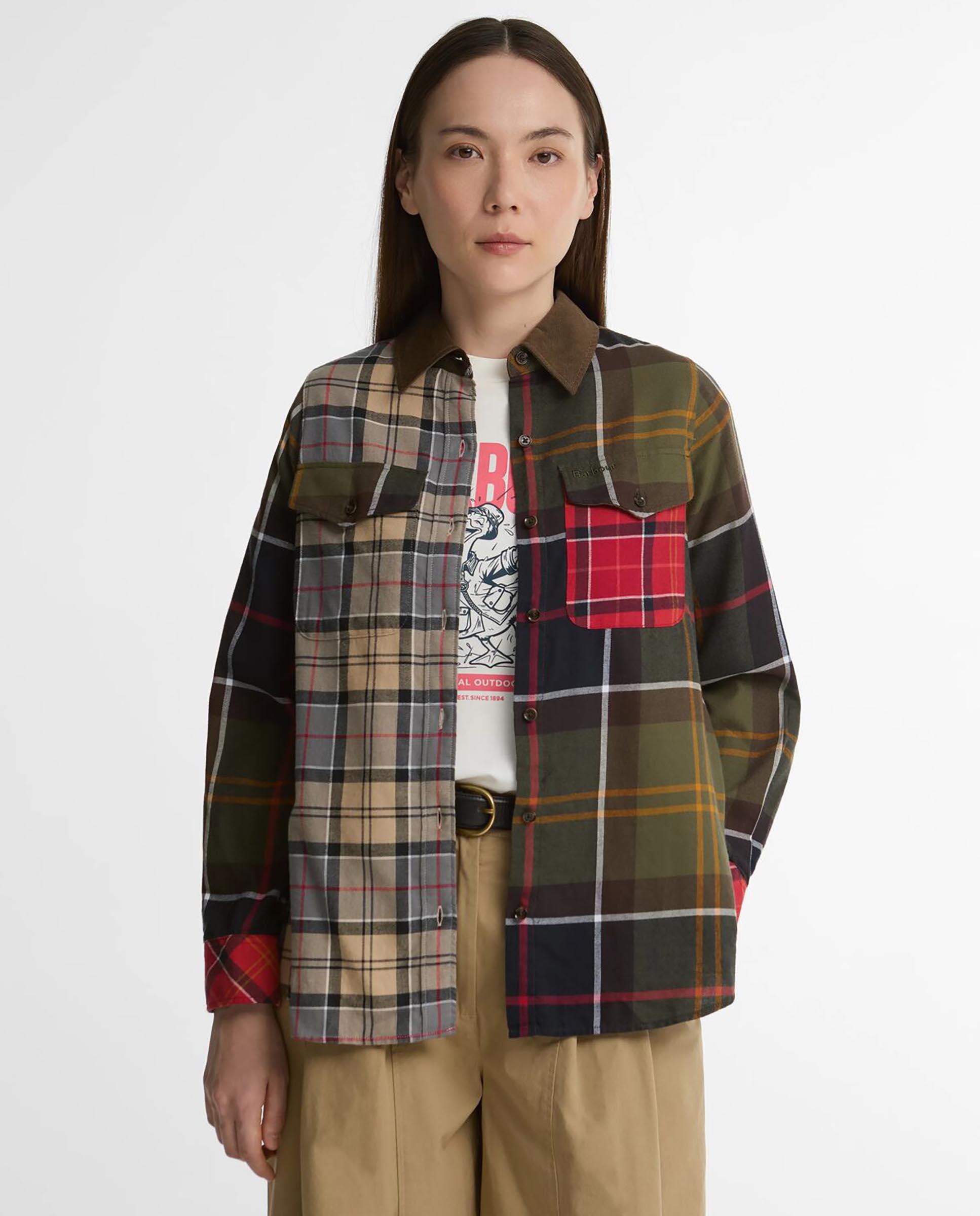 Imagen 0 de Camisa de mujer marena patchwork tartan con bolsillo en el pecho Multicolor